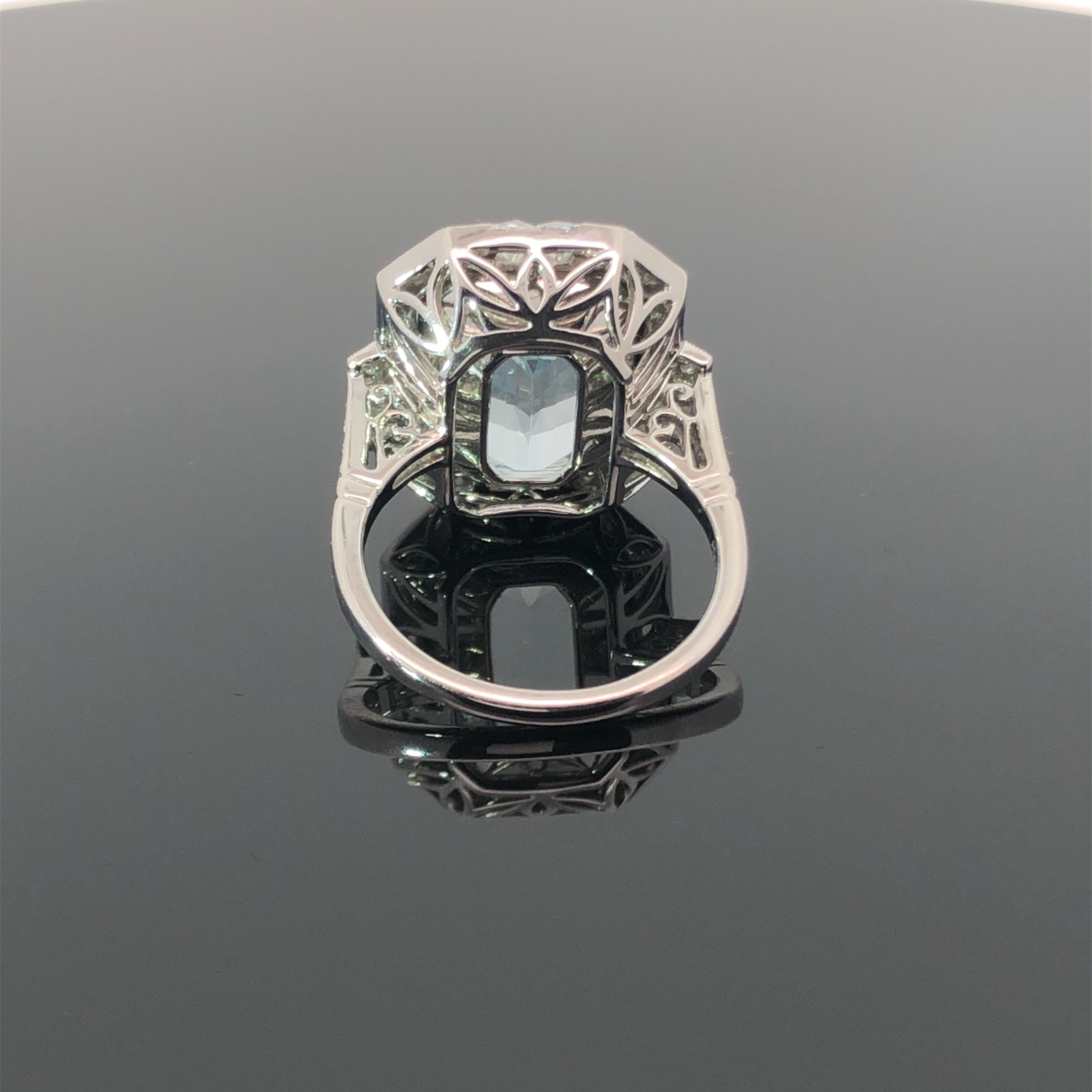 Deco Style Platinum 9 CT Emerald Cut Aquamarine and Diamond Ring  In New Condition In New York, NY