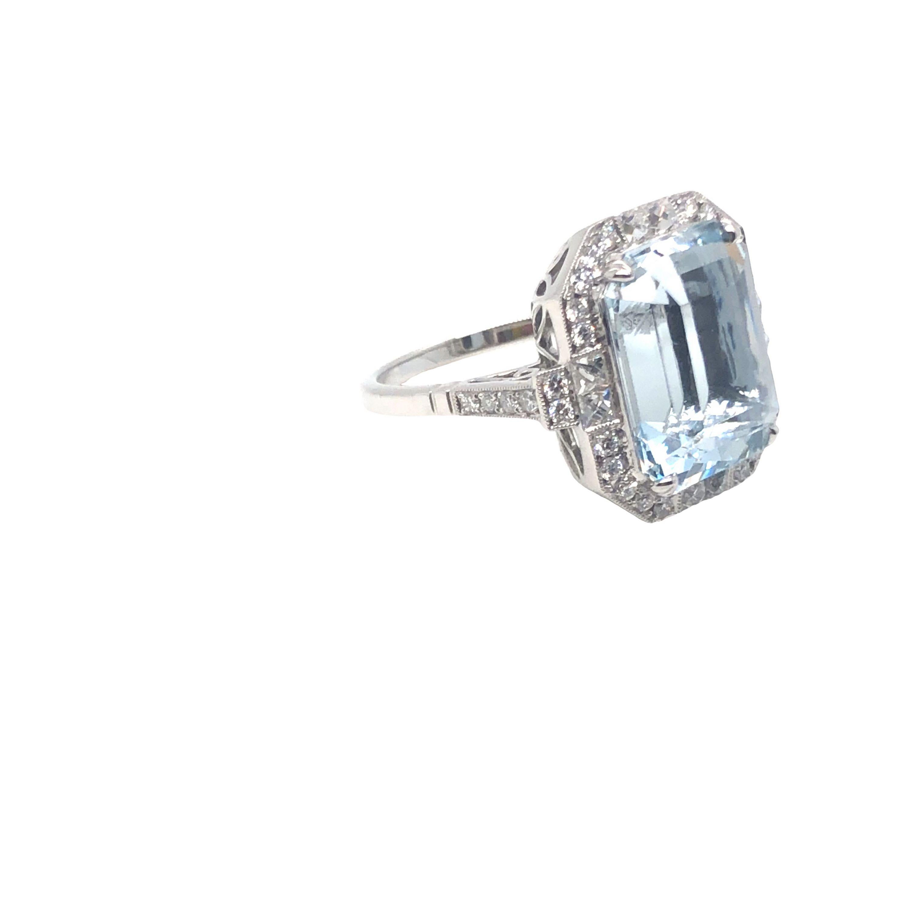 Women's or Men's Deco Style Platinum 9 CT Emerald Cut Aquamarine and Diamond Ring 