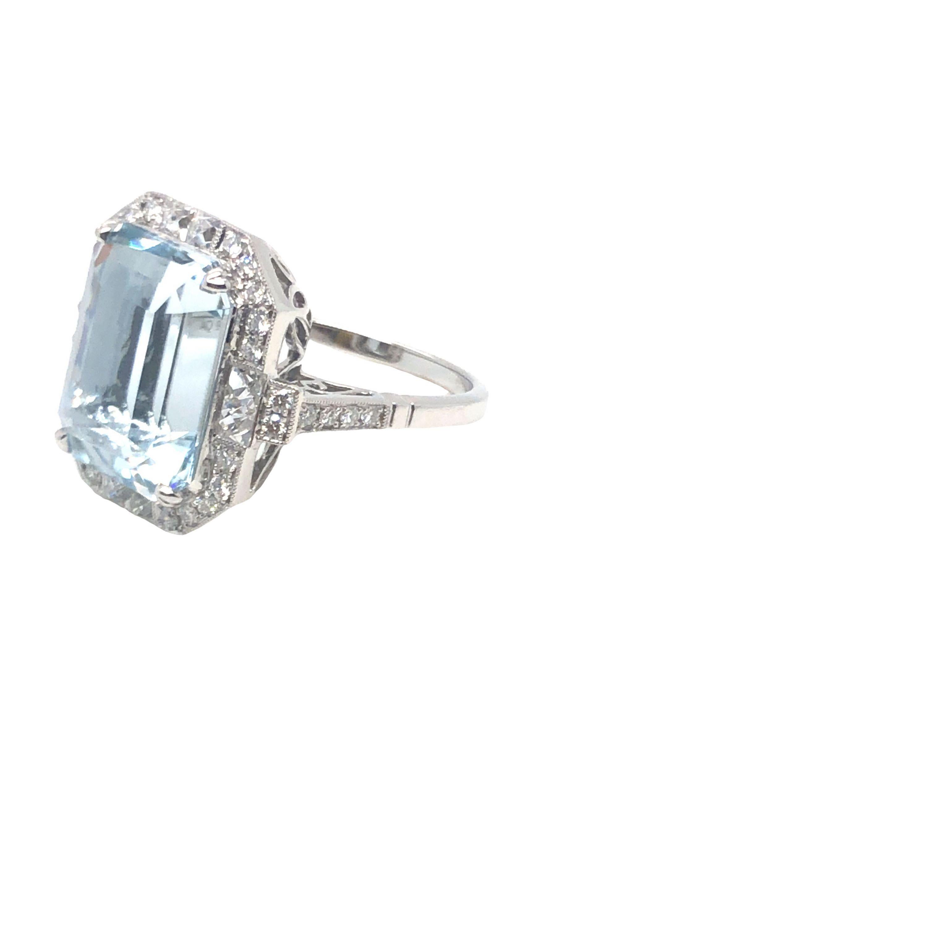 Deco Style Platinum 9 CT Emerald Cut Aquamarine and Diamond Ring  1