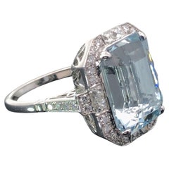 Deco Style Platinum 9 CT Emerald Cut Aquamarine and Diamond Ring