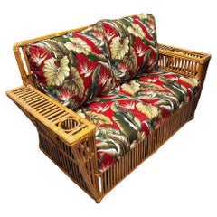 Deco Style "Presidents" Stick Reed Rattan Nantucket 3-Seat Sofa, Floral Cushions