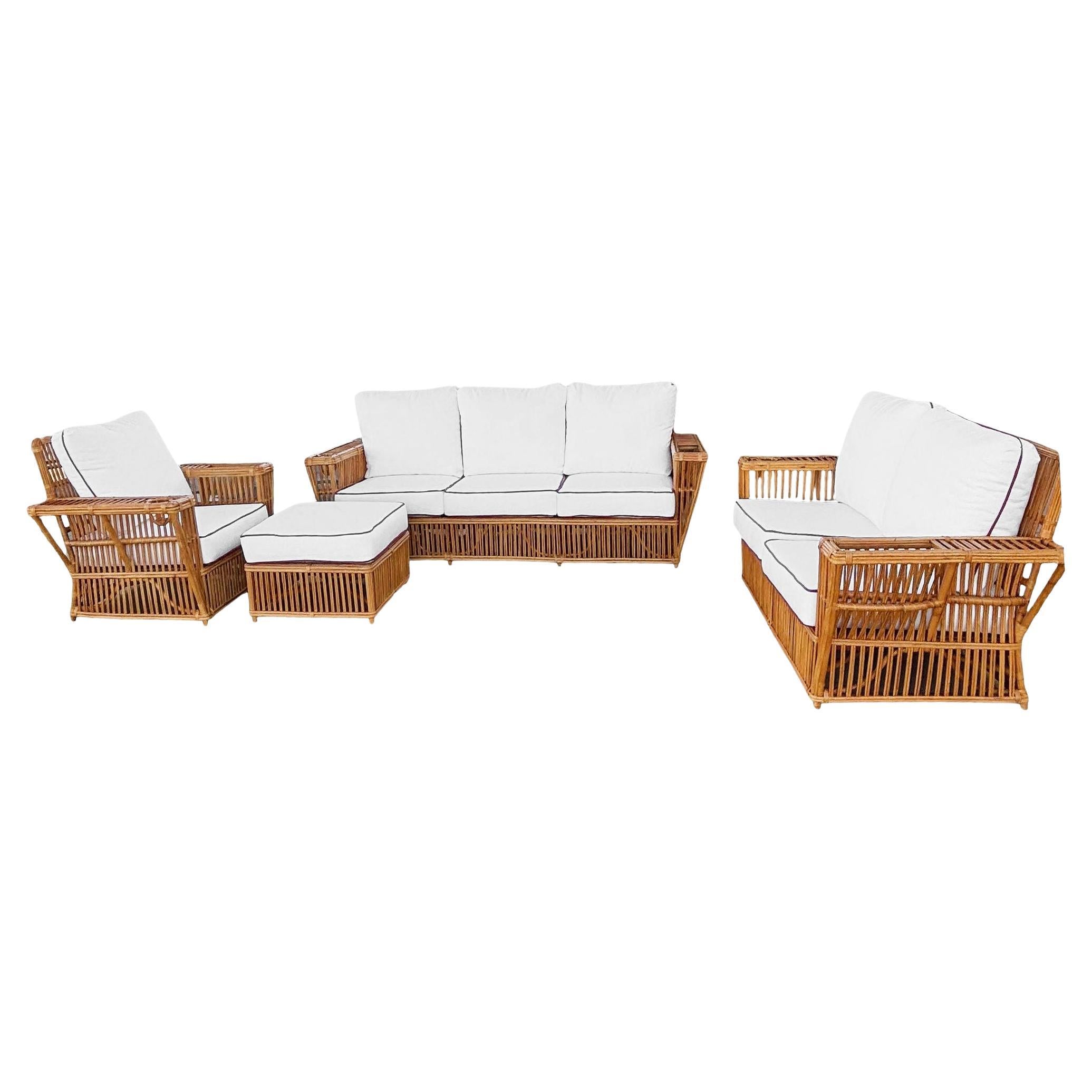 Deco Style "Presidents" Stick Reed Rattan Nantucket Sofa/Lounge Living Room Set