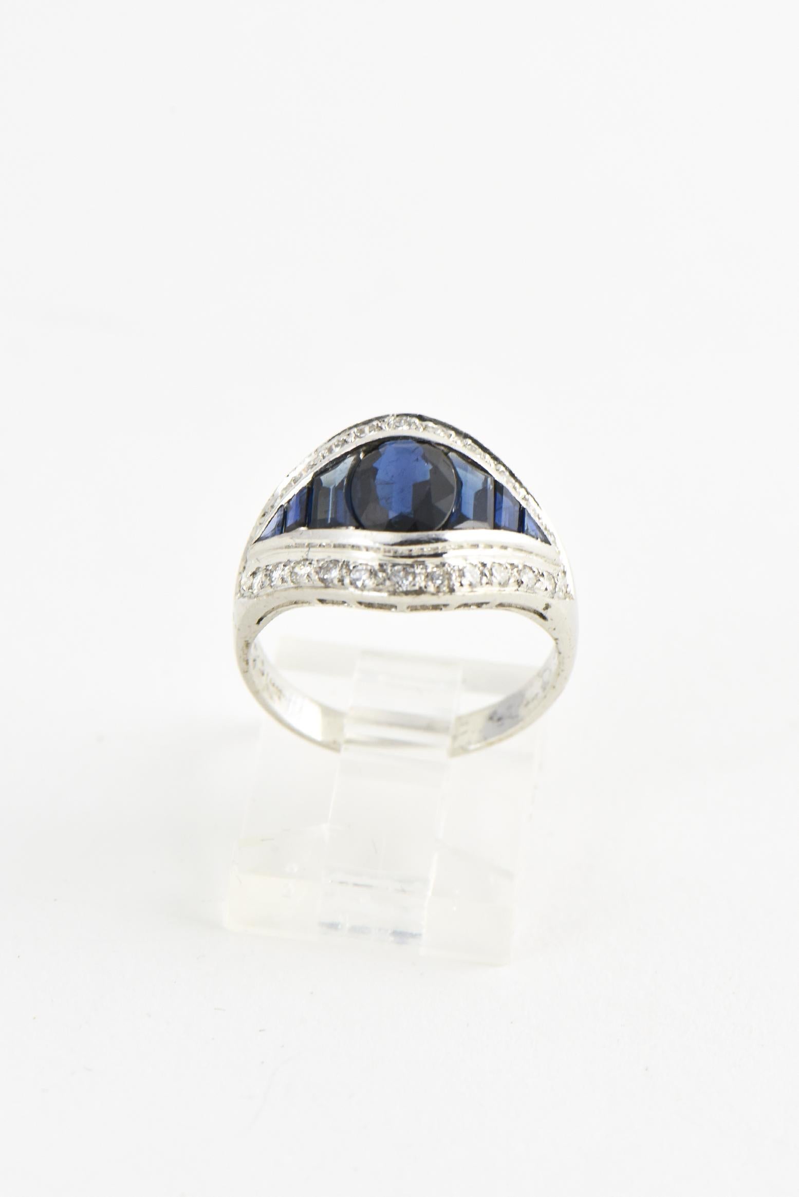 Round Cut Deco Style Sapphire and Diamond White Gold Ring For Sale