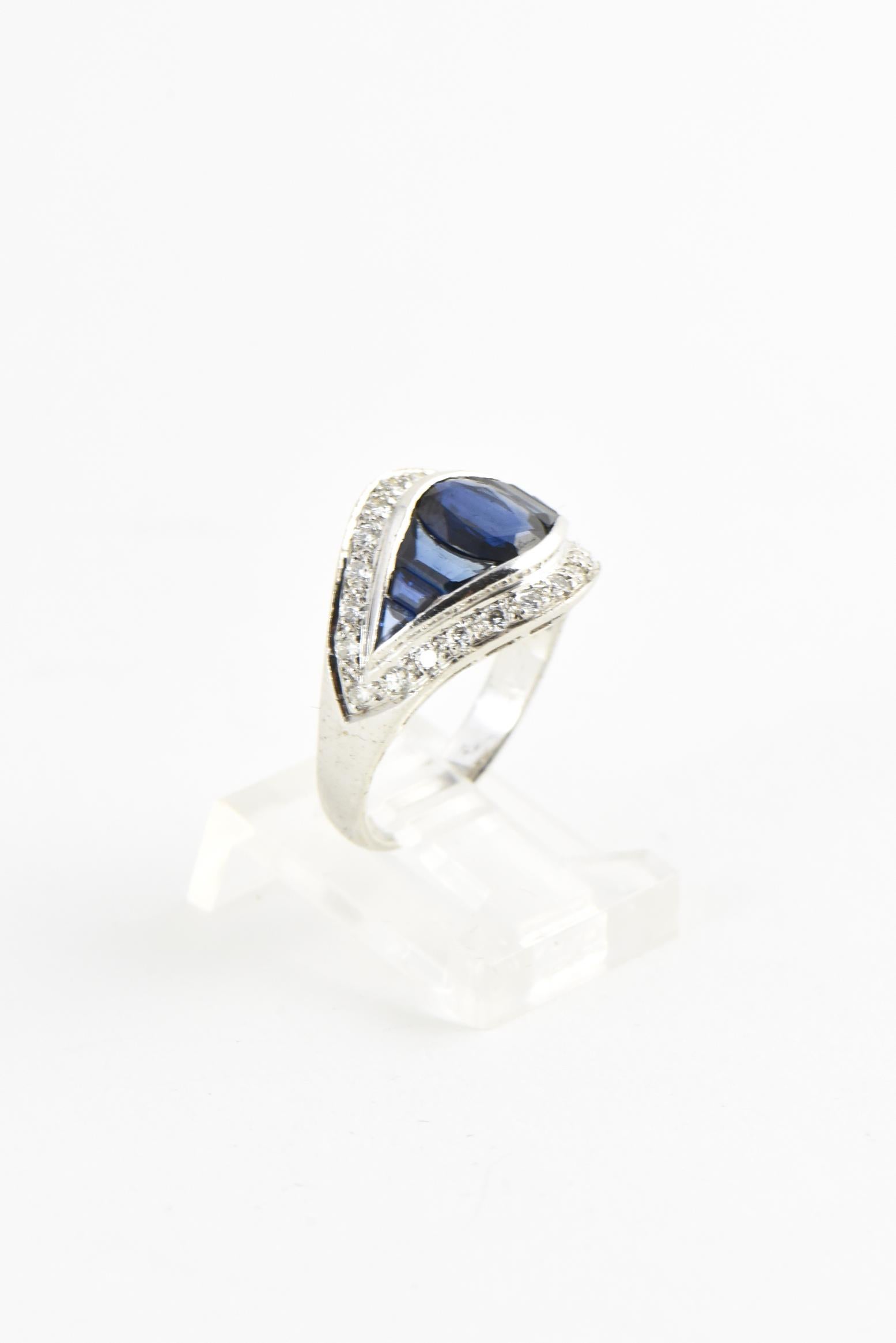 Women's Deco Style Sapphire and Diamond White Gold Ring For Sale