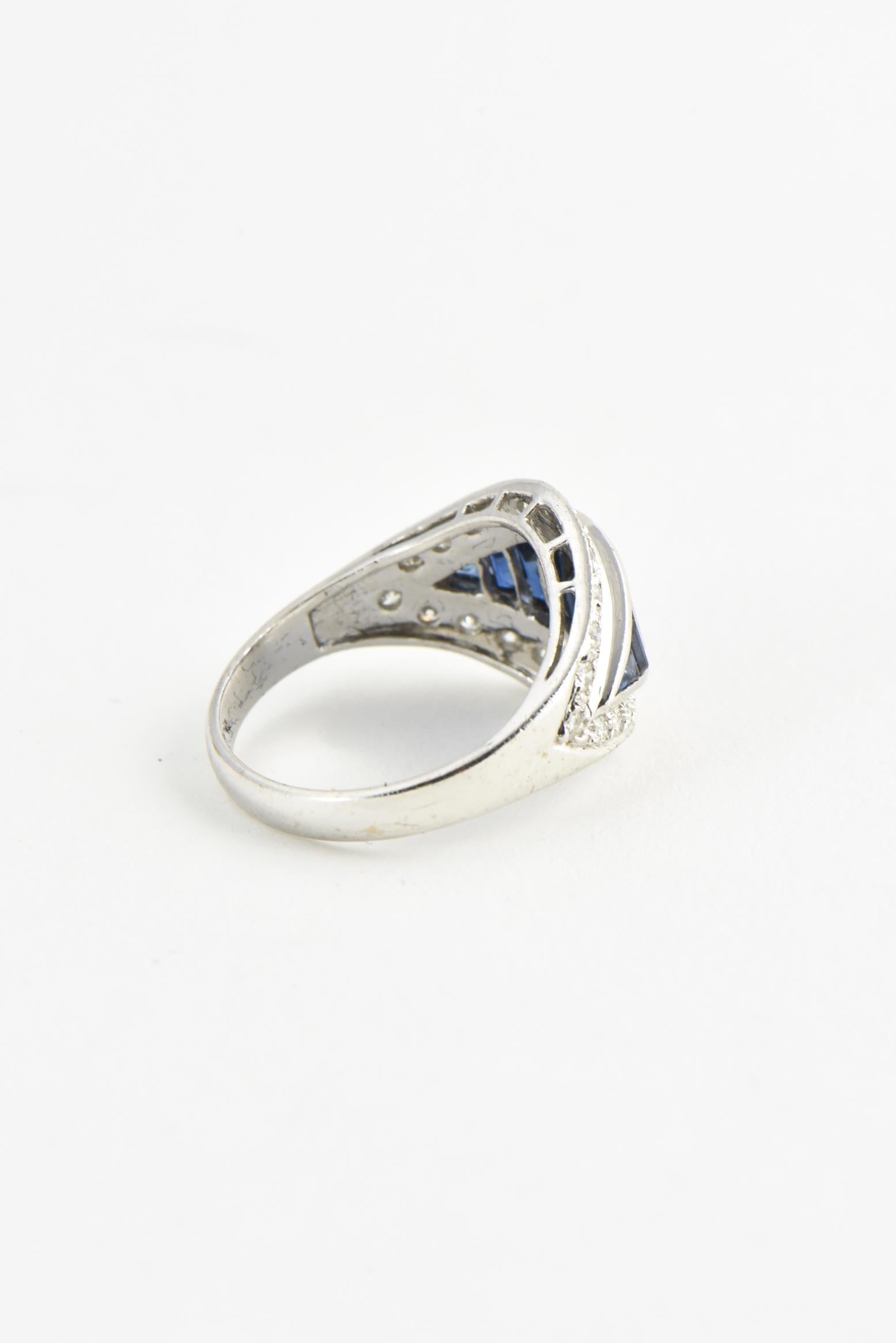 Deco Style Sapphire and Diamond White Gold Ring For Sale 4