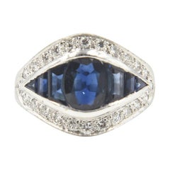 Retro Deco Style Sapphire and Diamond White Gold Ring