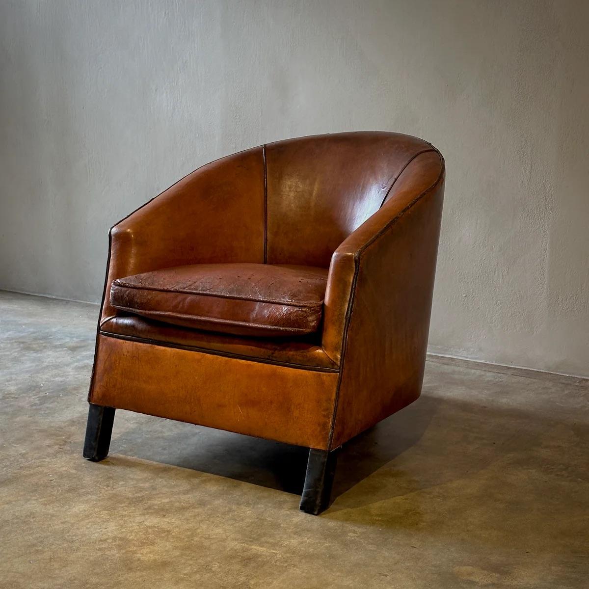 French Deco Style Sheepskin Leather Arm Chair For Sale