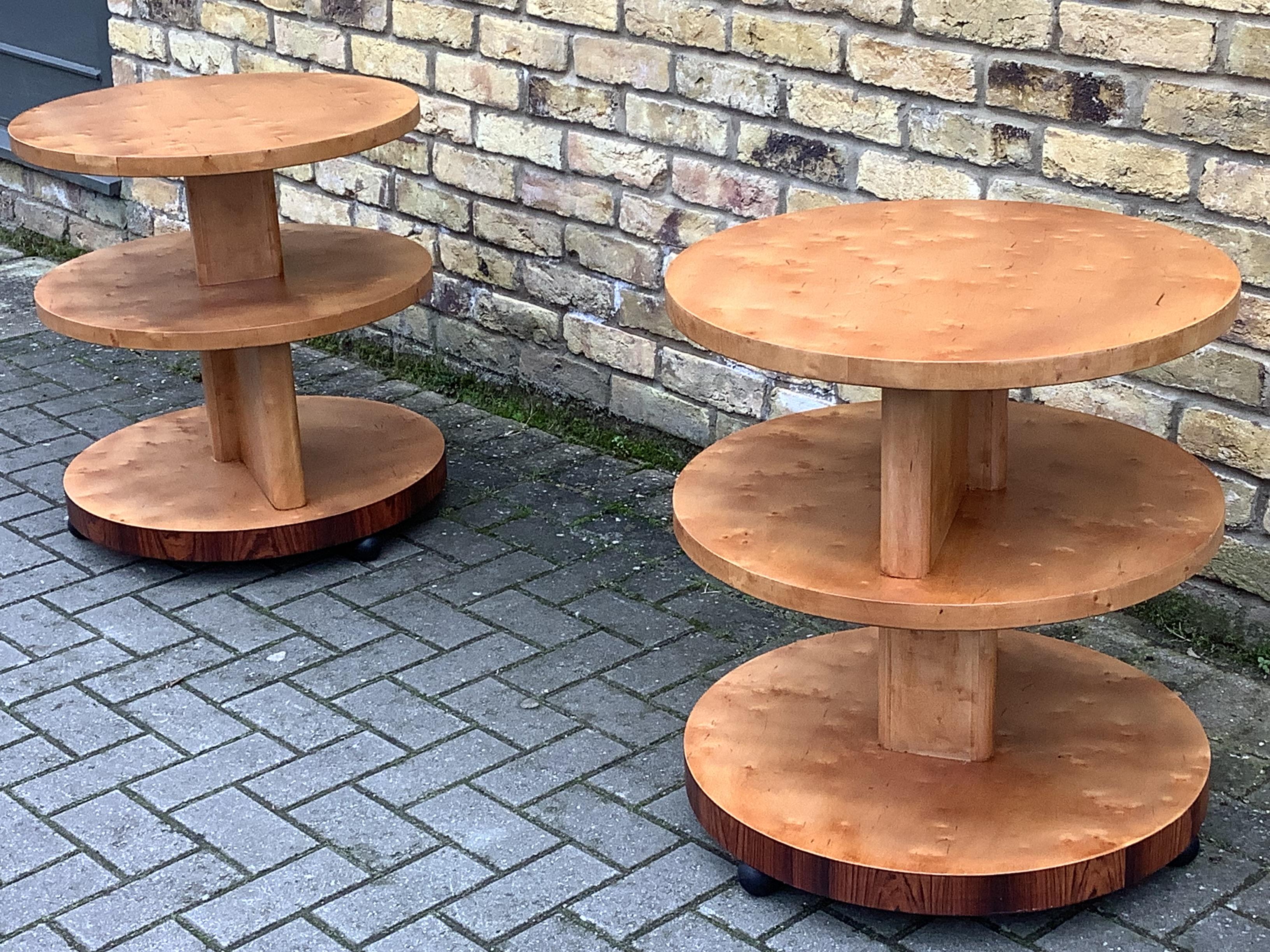 Deco pair of round side tables in Birds Eye maple
