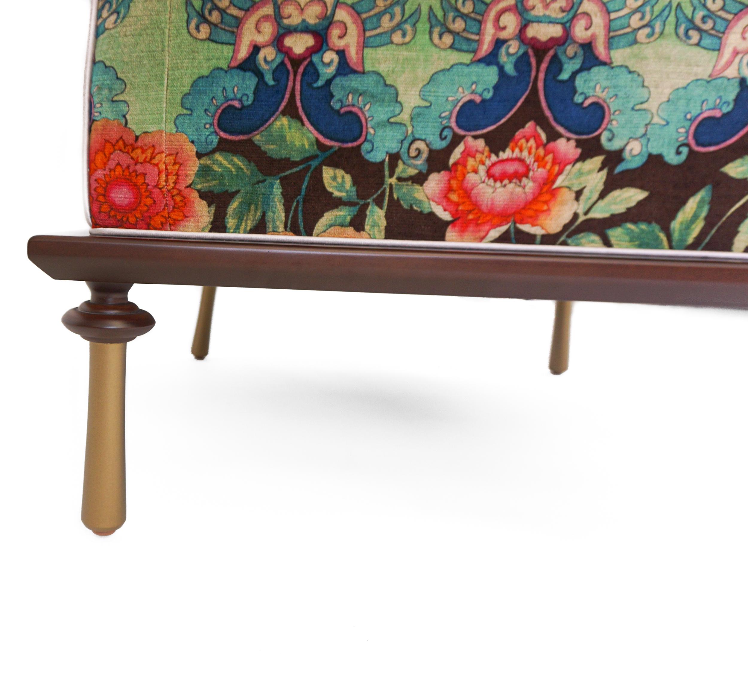 Velvet Deco Style Slipper Chair with Wood Detail and Brass Painted Feet 'Customizable' For Sale