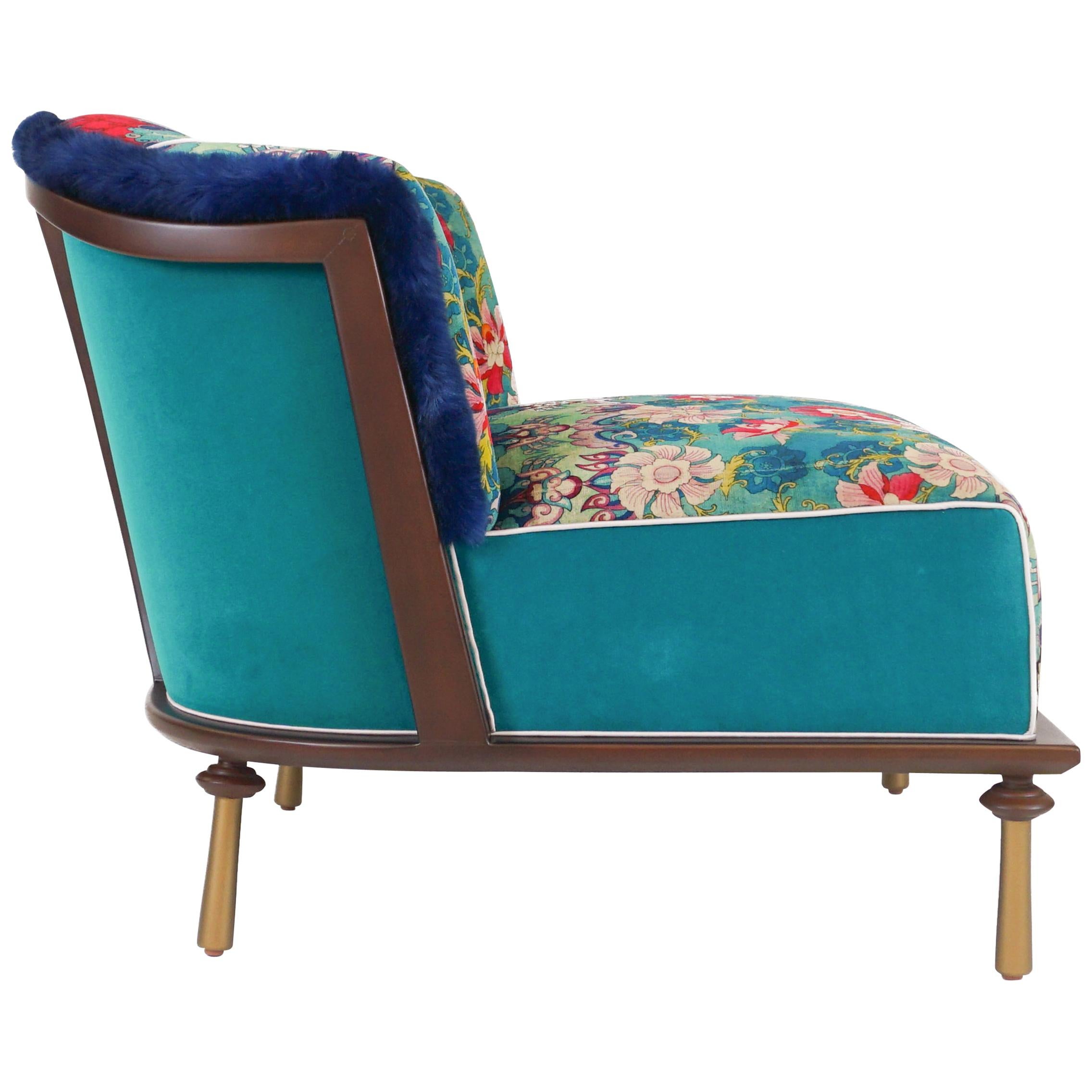 Deco Style Slipper Chair with Wood Detail and Brass Painted Feet 'Customizable' For Sale