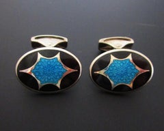 Gemelli da polso con smalto a barra girevole in argento sterling nero e turchese in stile Déco