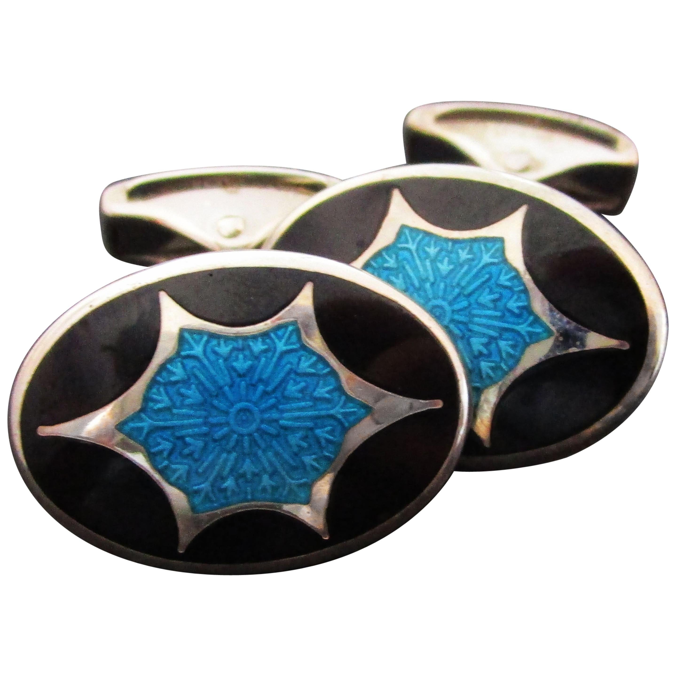 Deco Style Sterling Silver Black and Turquoise Swivel Bar Enamel Cufflinks For Sale