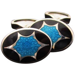 Used Deco Style Sterling Silver Black and Turquoise Swivel Bar Enamel Cufflinks