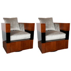 Deco Style Walnut & Black Lacquer Banded Swivel Club Chairs, Leon Rosen for Pace