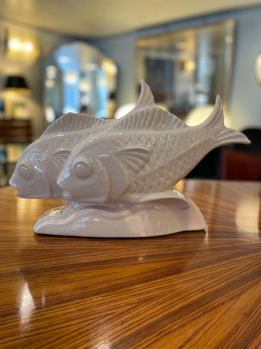 Mid-20th Century Deco-style White Ceramic Fish Sculpture For Sale