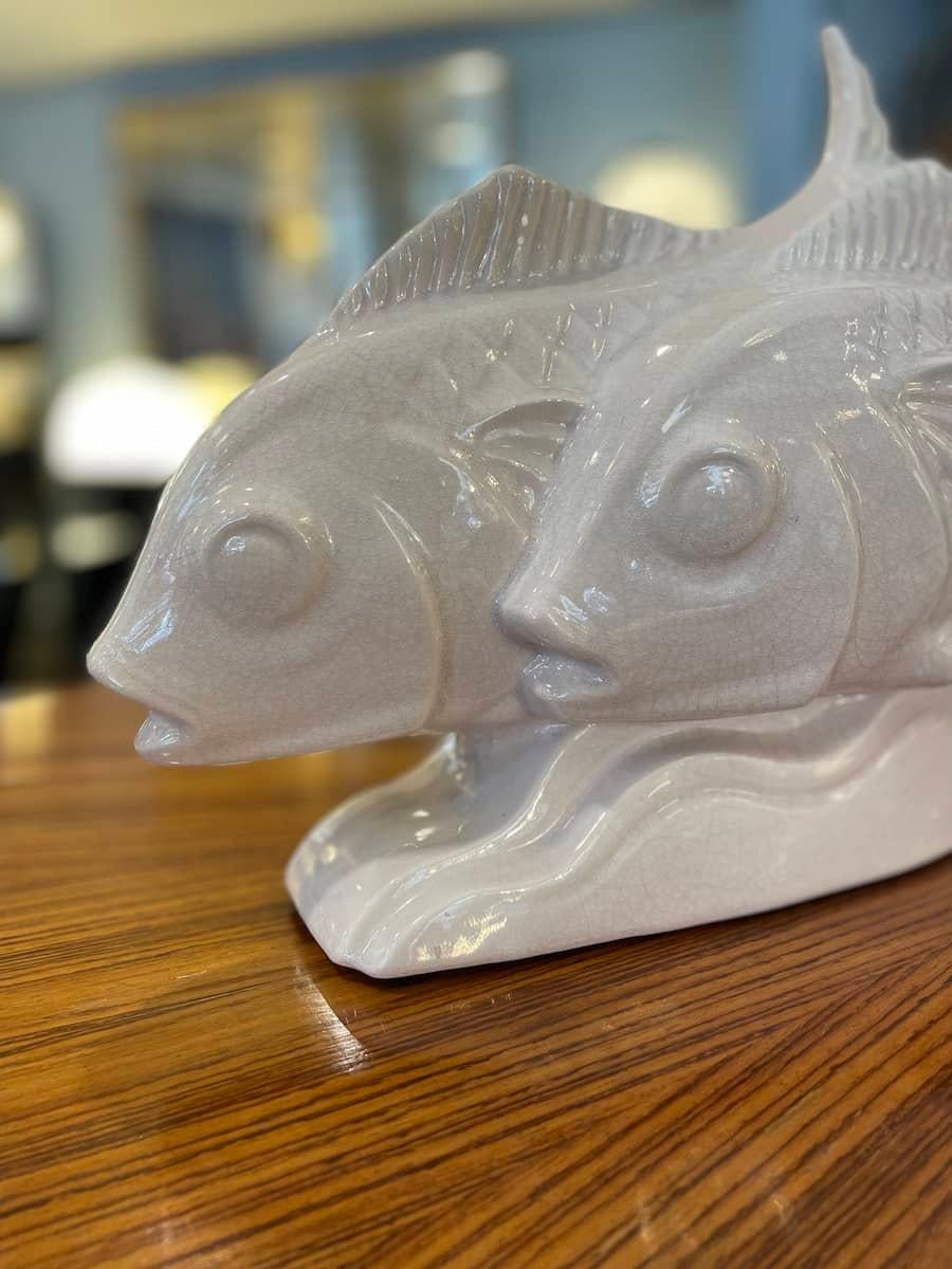 Deco-style White Ceramic Fish Sculpture For Sale 1