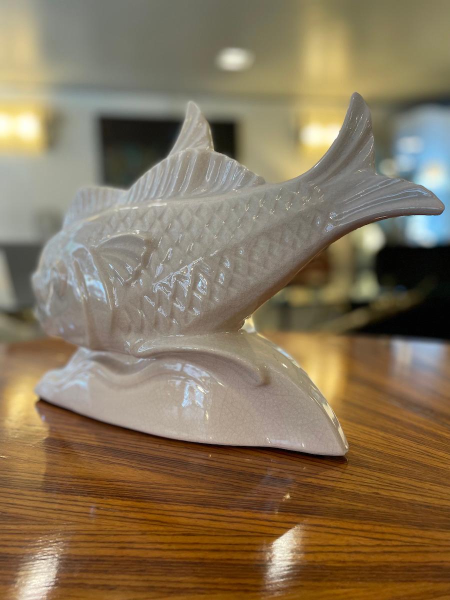 Deco-style White Ceramic Fish Sculpture For Sale 2