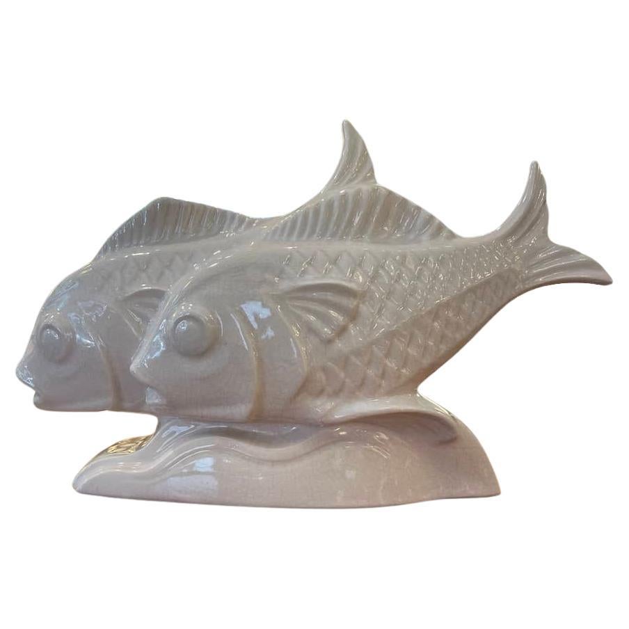 Deco-style White Ceramic Fish Sculpture For Sale