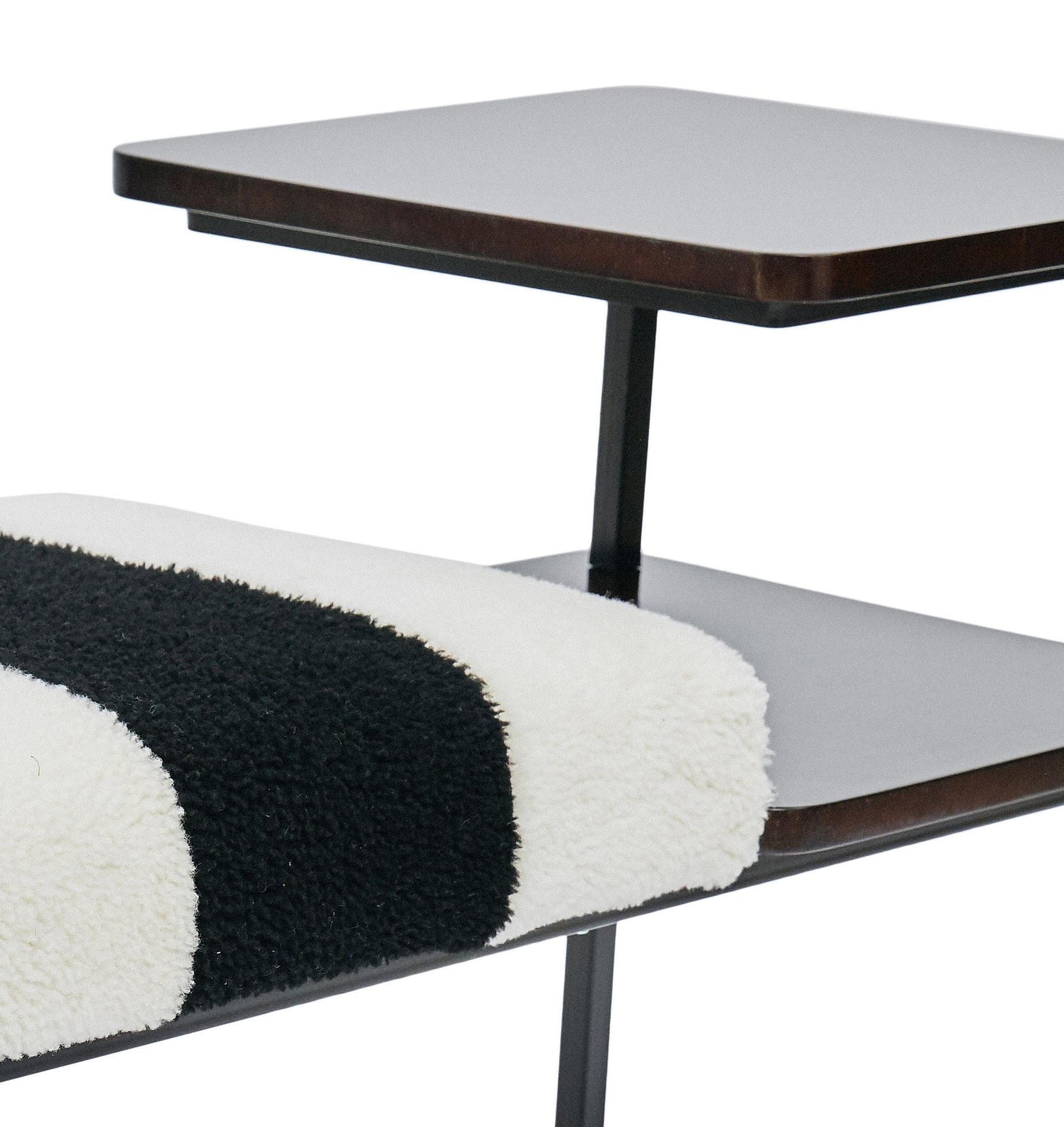 Art Deco Deco Table Seat Lacquered Wood Side Table Combined Sheepskin Stool or Ottoman For Sale