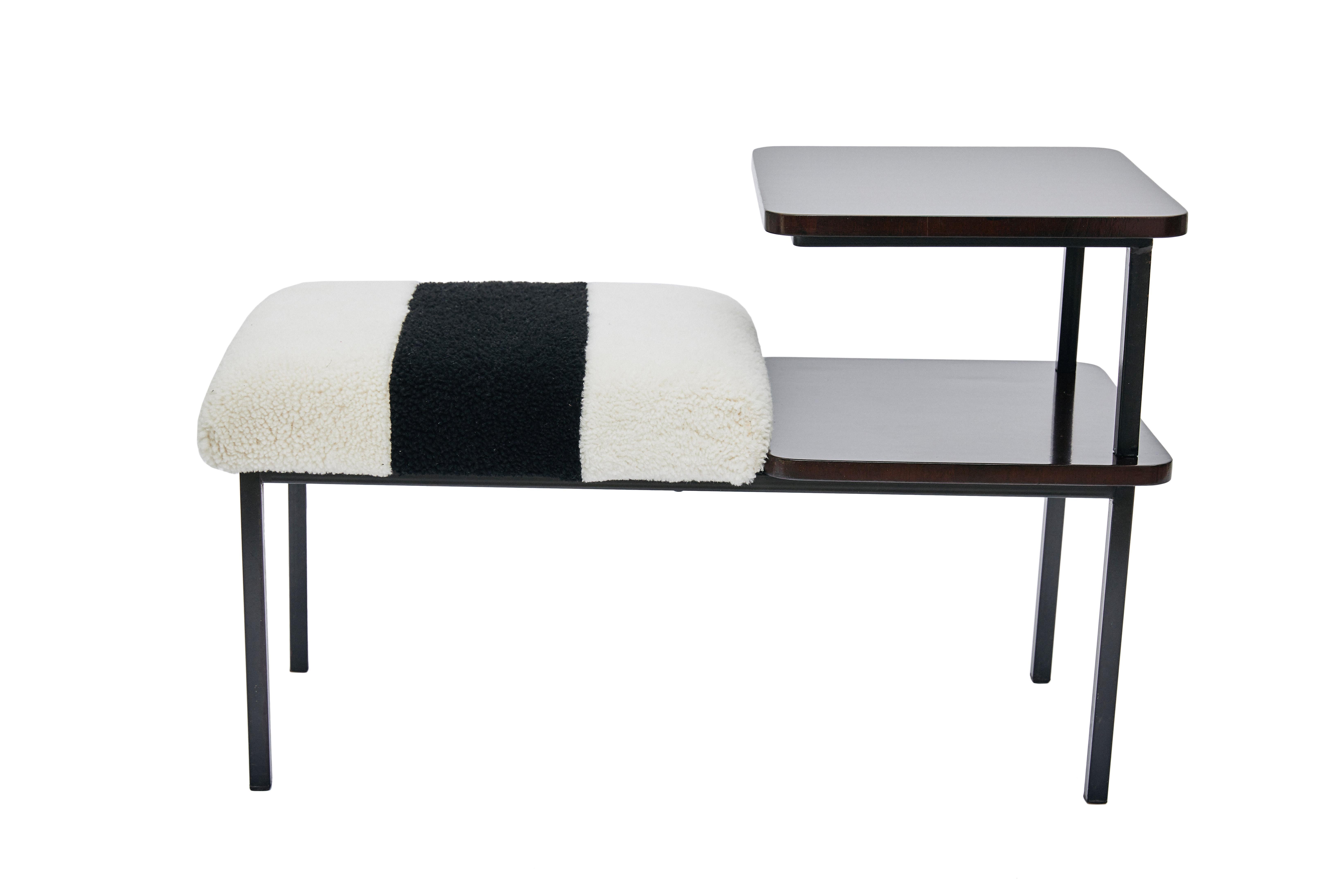 British Deco Table Seat Lacquered Wood Side Table Combined Sheepskin Stool or Ottoman For Sale