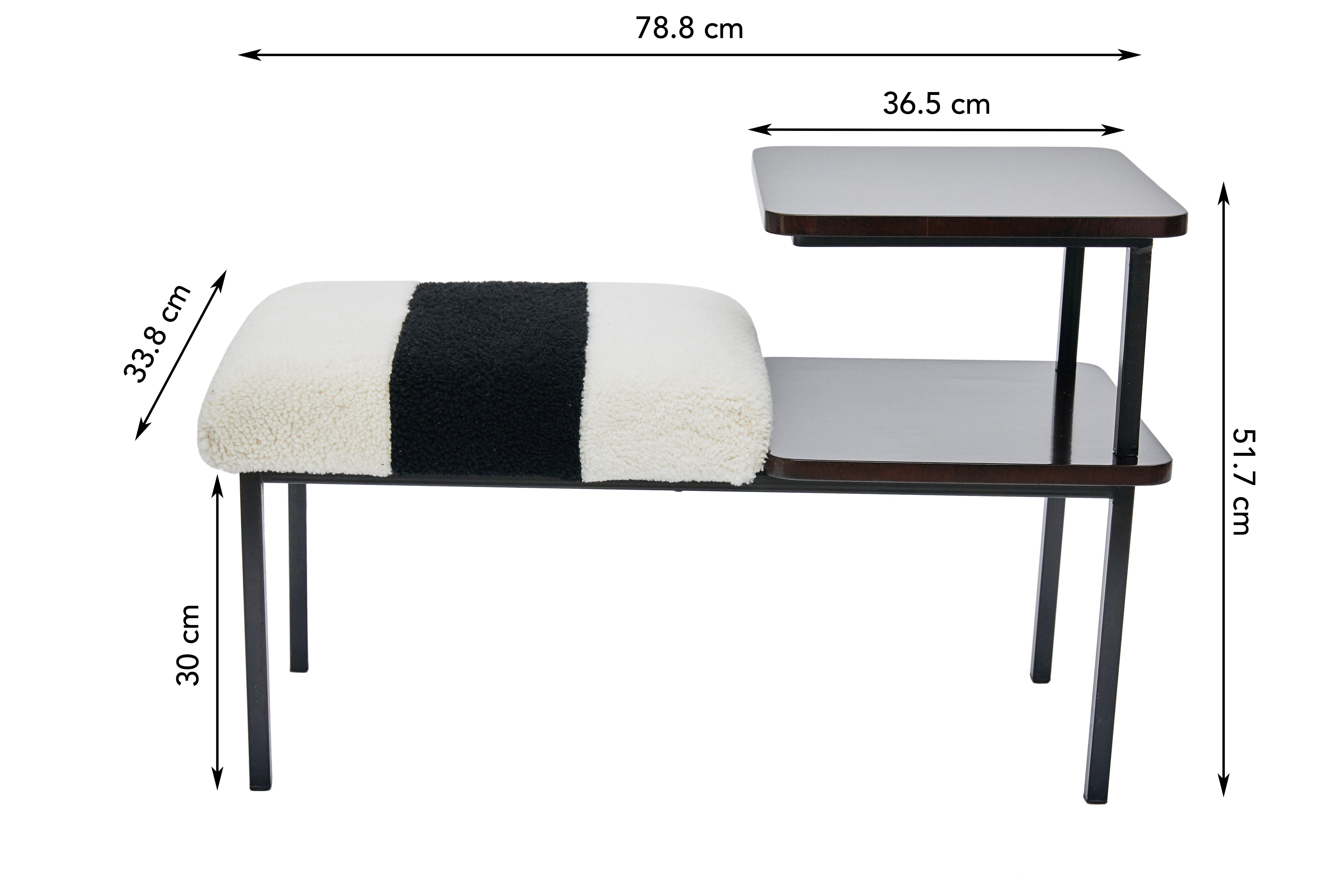 Hand-Crafted Deco Table Seat Lacquered Wood Side Table Combined Sheepskin Stool or Ottoman For Sale