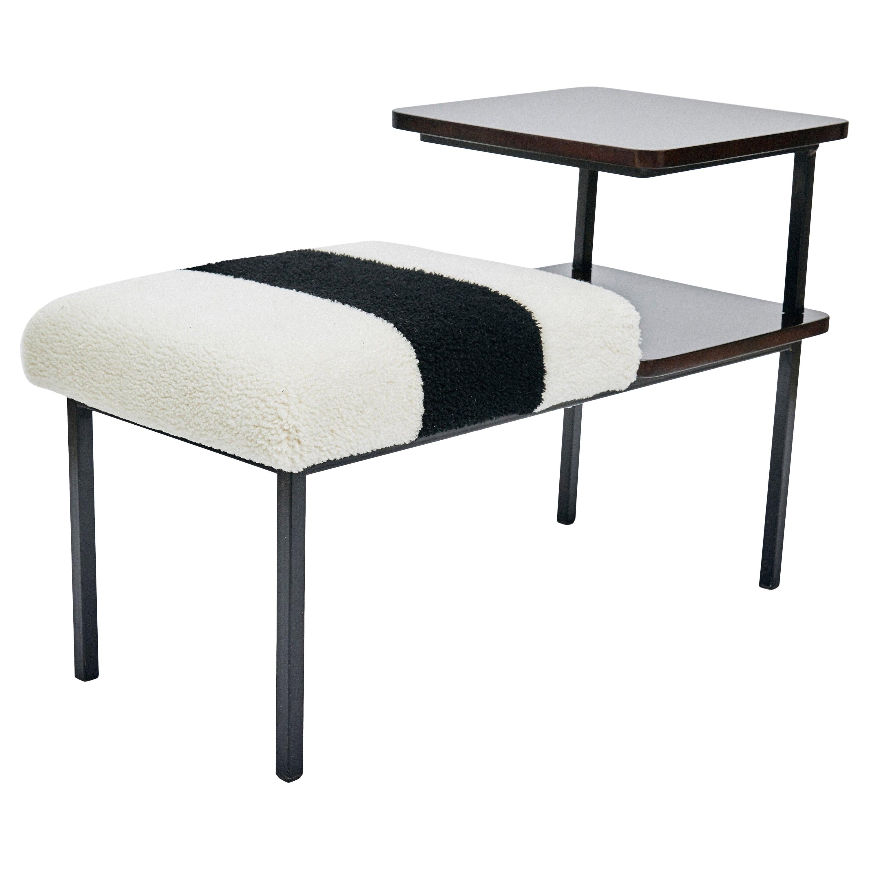 Deco Table Seat Lacquered Wood Side Table Combined Sheepskin Stool or Ottoman For Sale