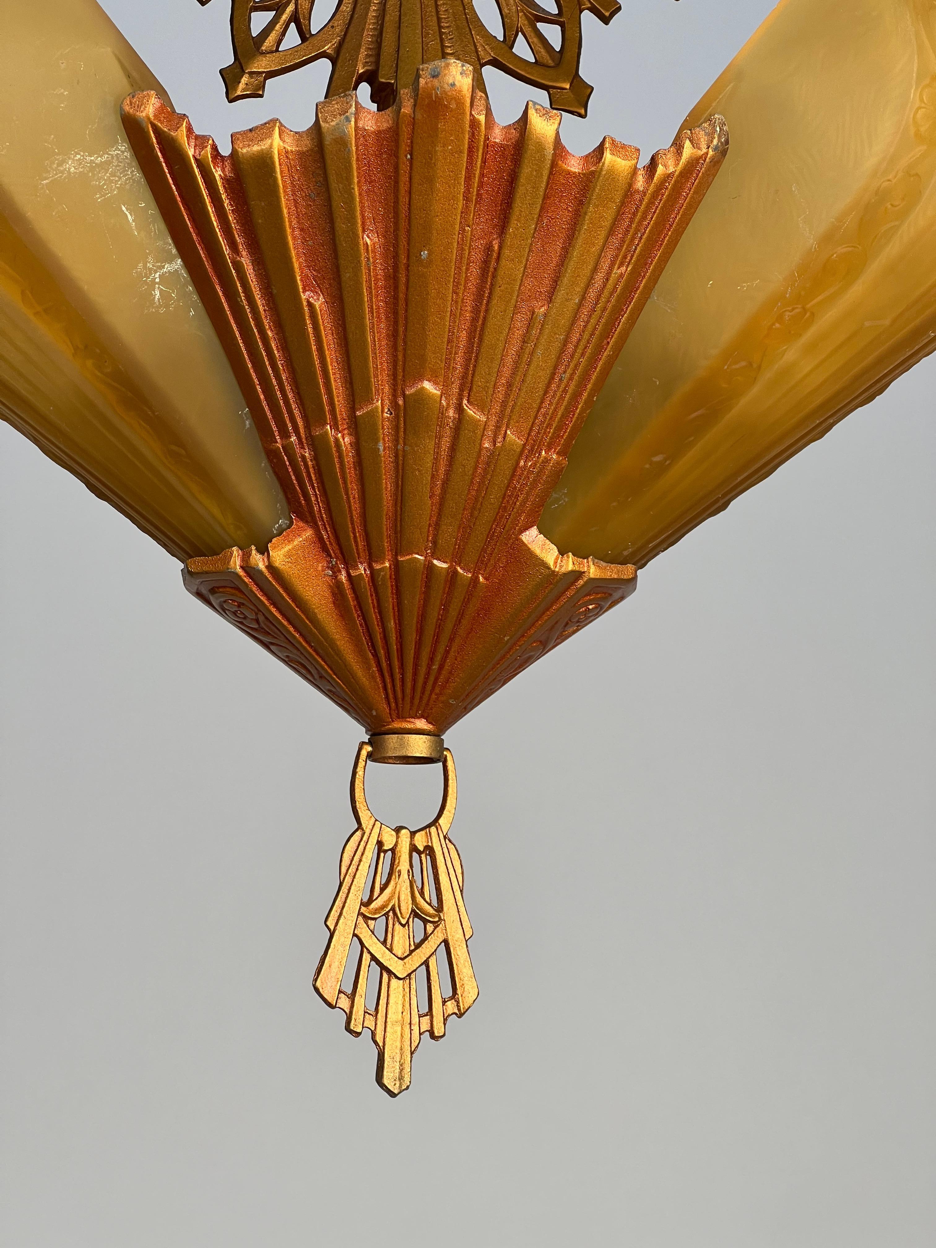 Art Deco Deco Three Light Amber Glass Slip Shade Fixture