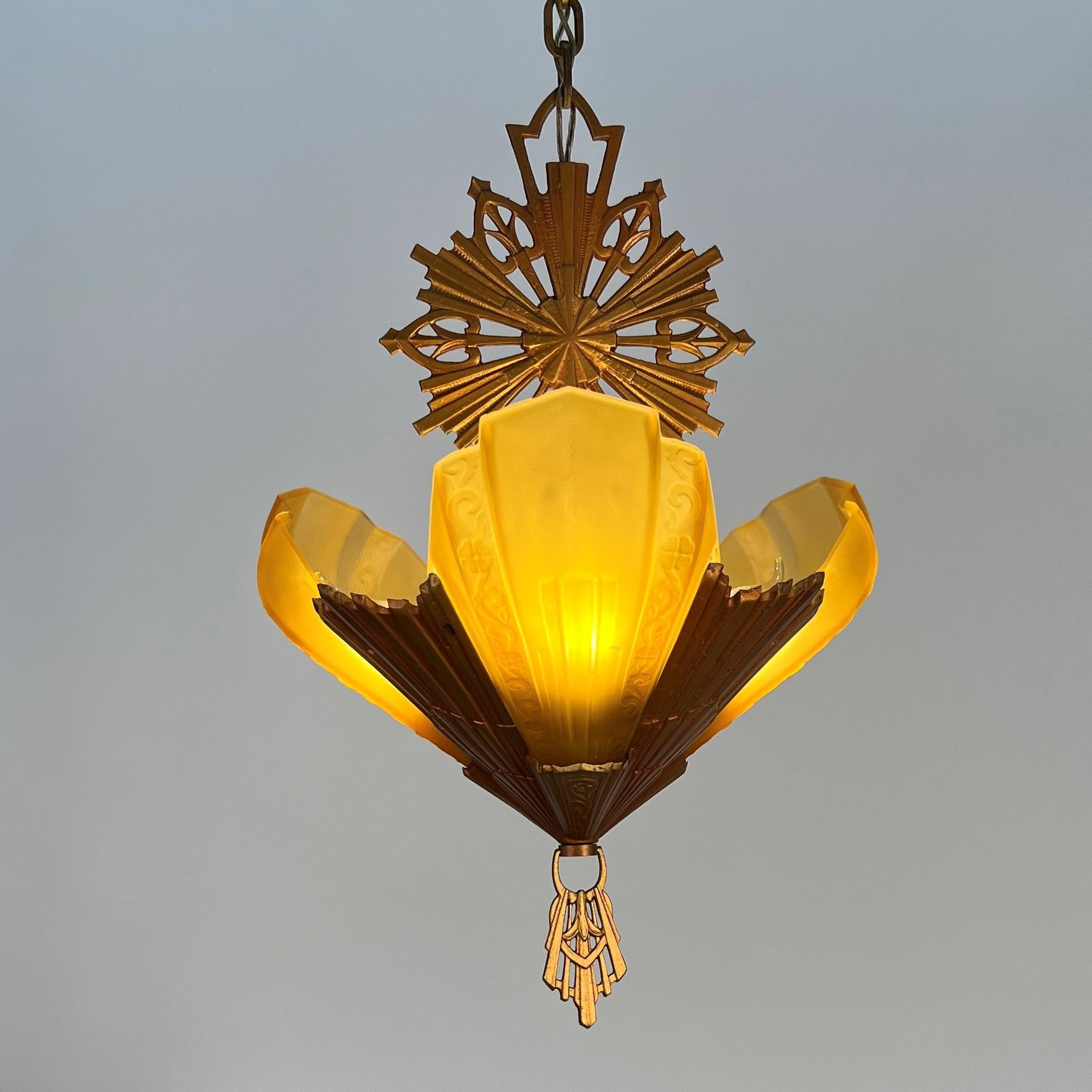 Mid-20th Century Deco Three Light Amber Glass Slip Shade Fixture
