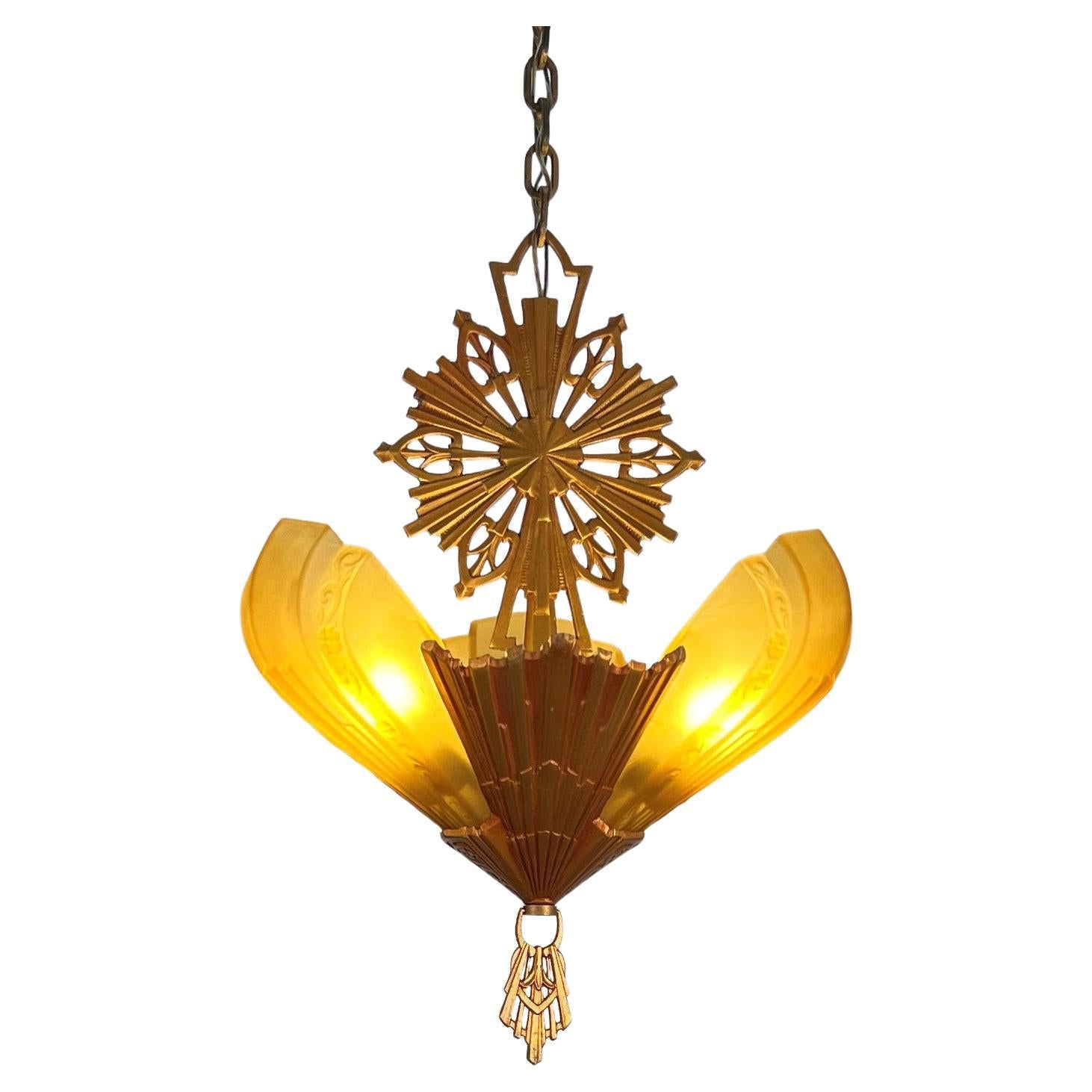 Deco Three Light Amber Glass Slip Shade Fixture