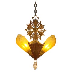 Vintage Deco Three Light Amber Glass Slip Shade Fixture