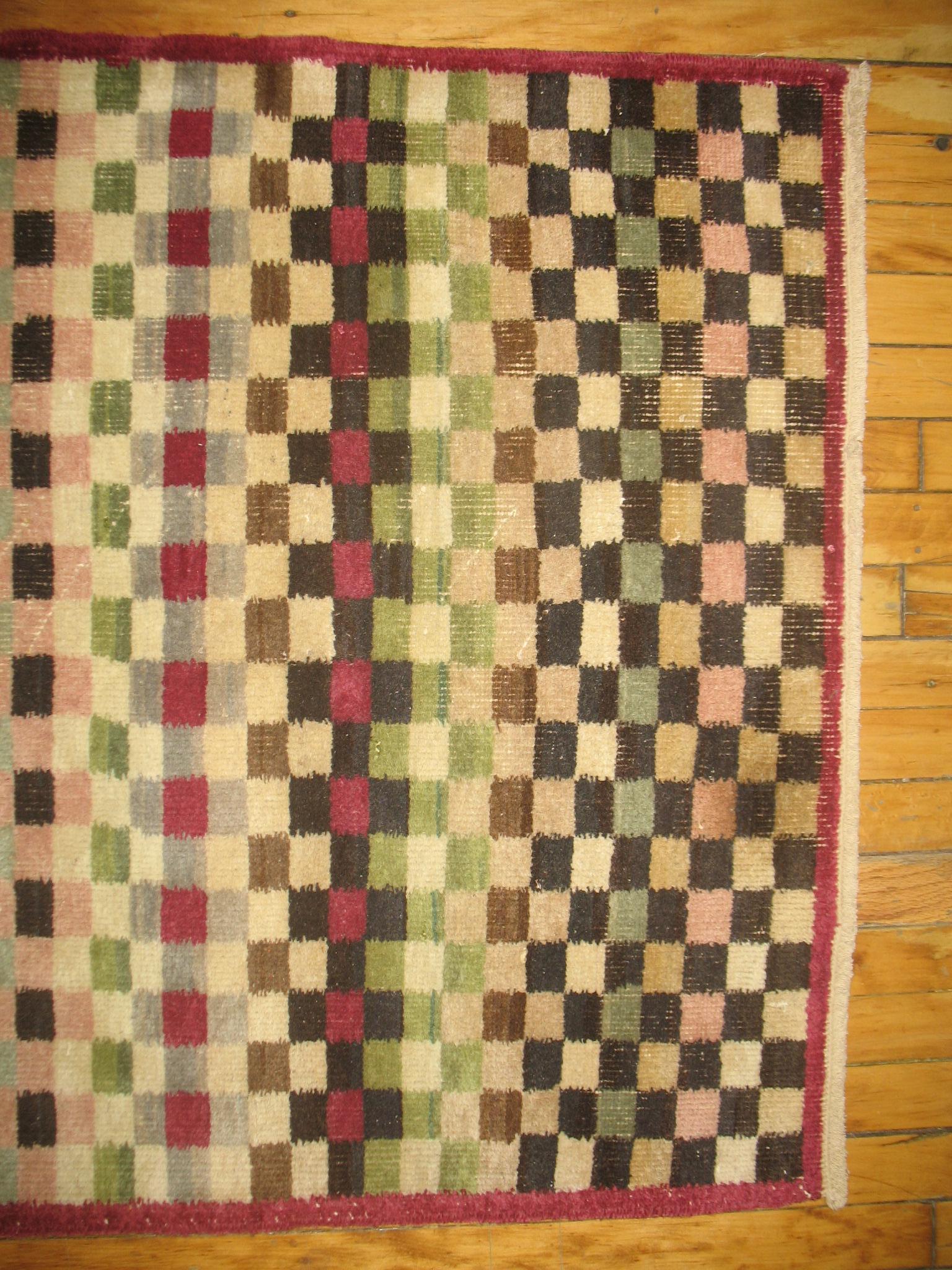 Hand-Knotted Checkerboard Deco Turkish Runner For Sale