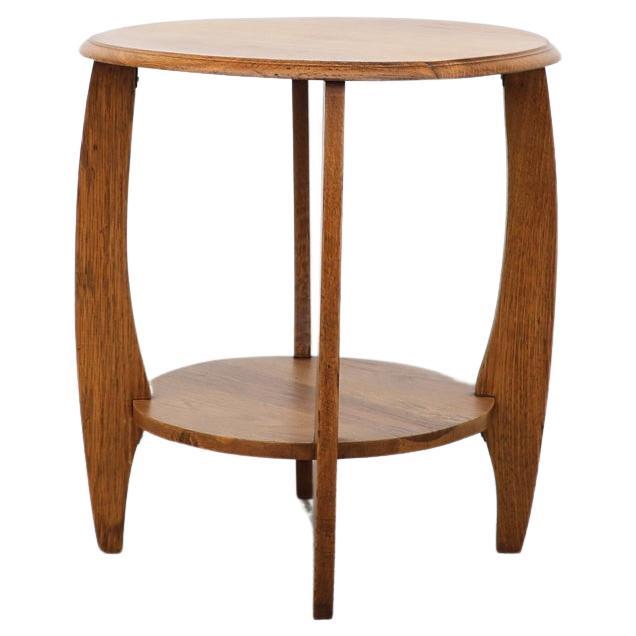 Deco Two Tiered Light Oak Round Side Table or Plant Stand For Sale