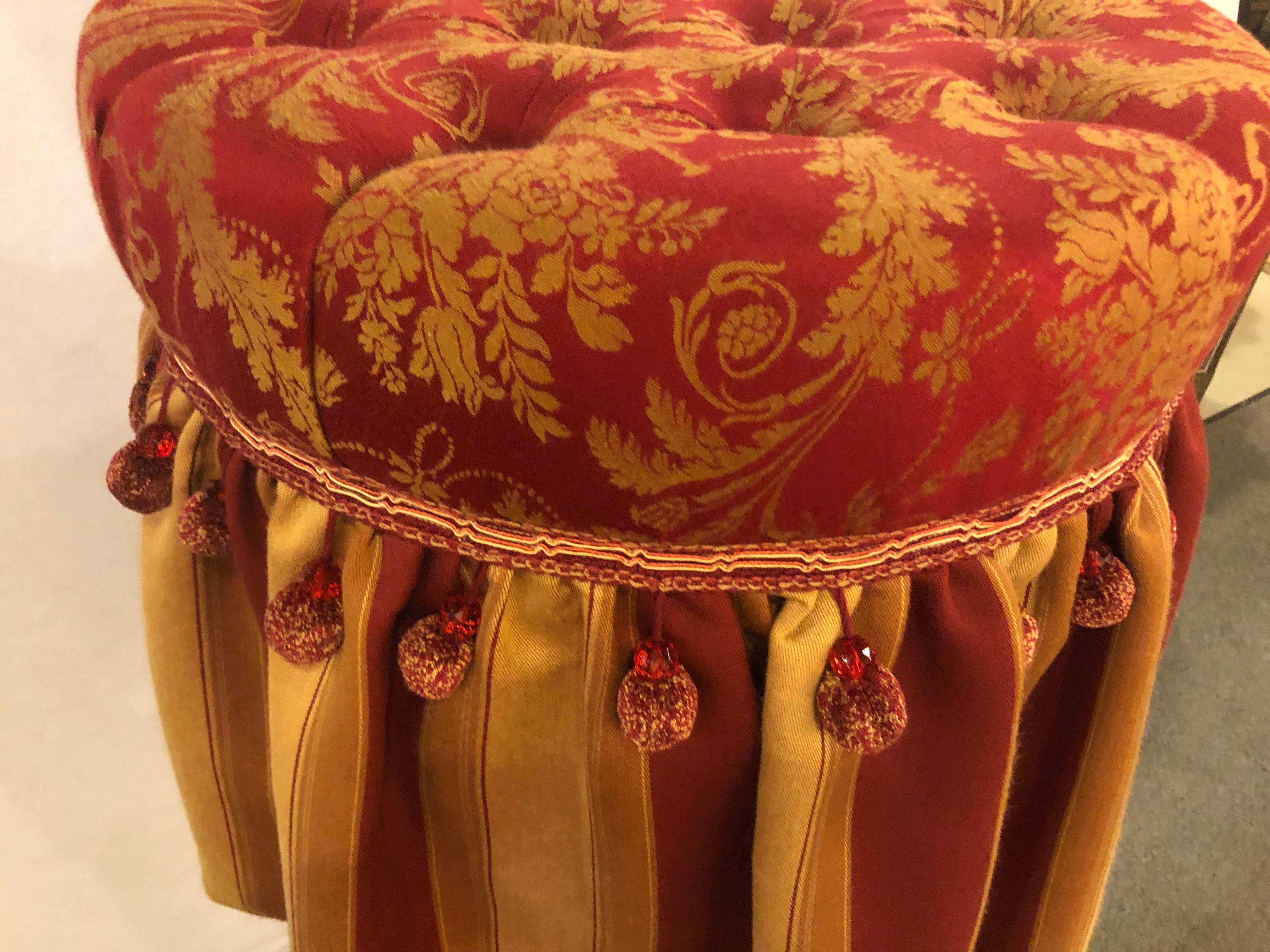 Deco Upholstered Tufted Red and Gilt Decorated Ottoman or Footstool (Hollywood Regency)