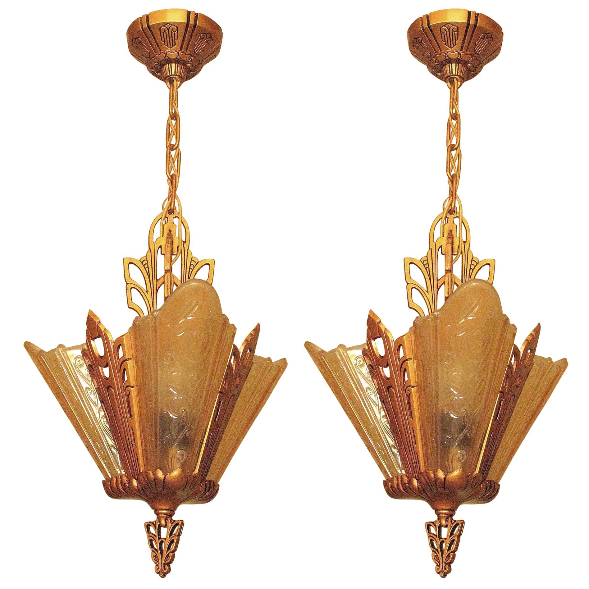 Deco Vintage Ceiling Lights with 3 Amber Slip Shades For Sale