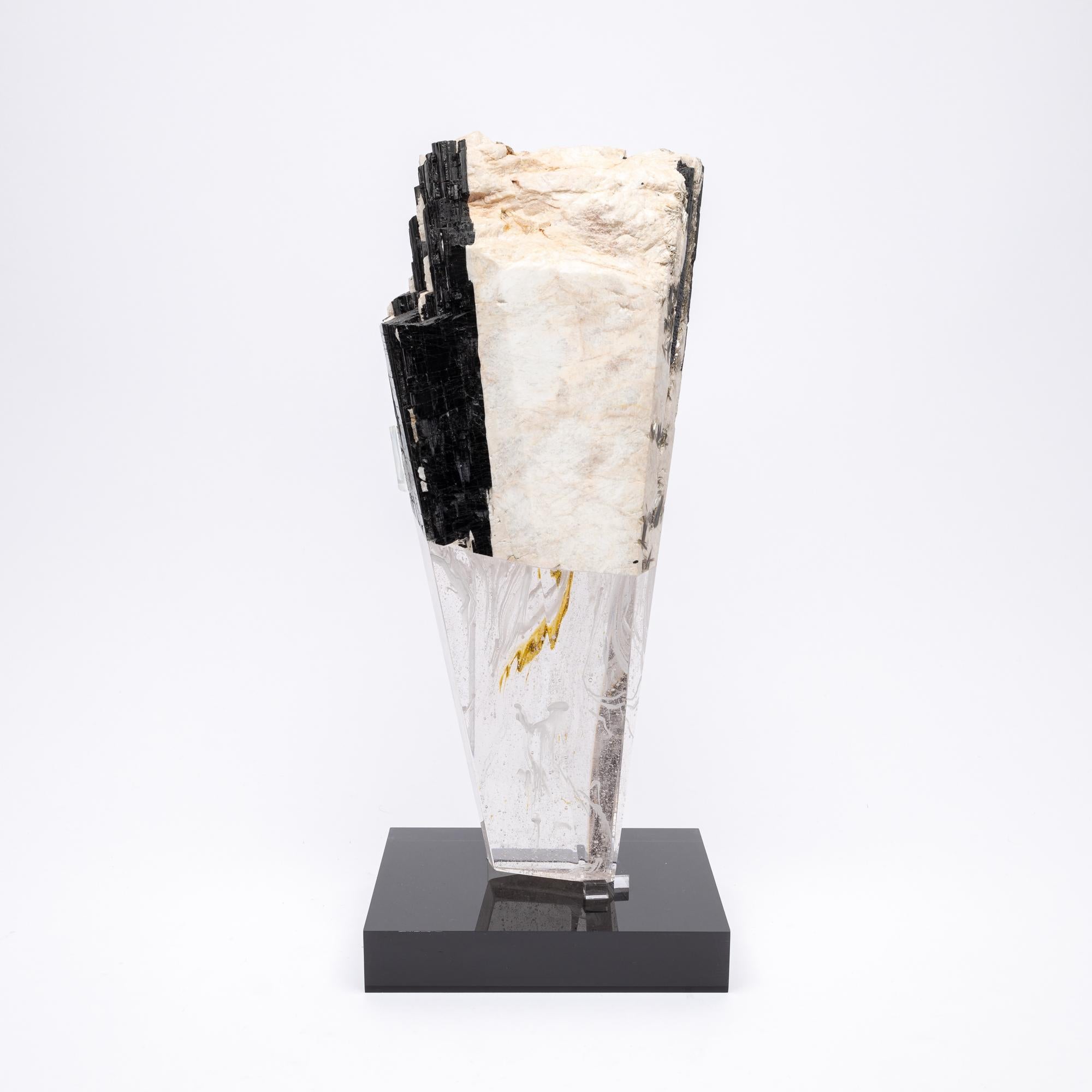Contemporary Deco, White Feldspar, Black Tourmaline and Glass Fusion Faceted Sculpture For Sale