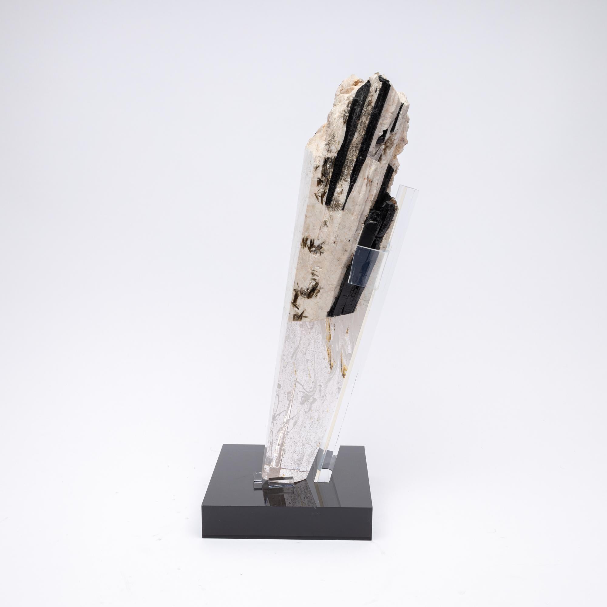Deco, White Feldspar, Black Tourmaline and Glass Fusion Faceted Sculpture For Sale 1