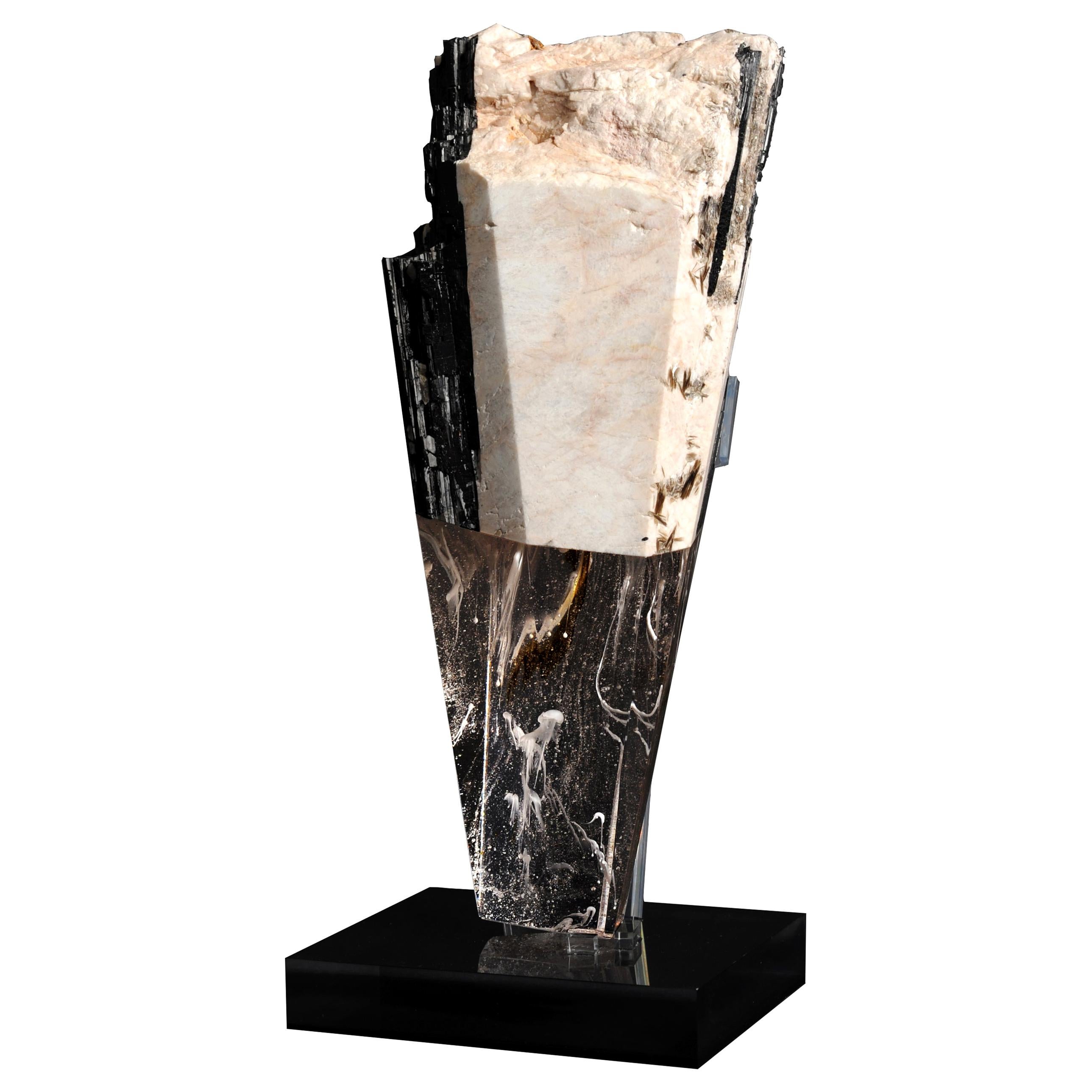 Deco, White Feldspar, Black Tourmaline and Glass Fusion Faceted Sculpture