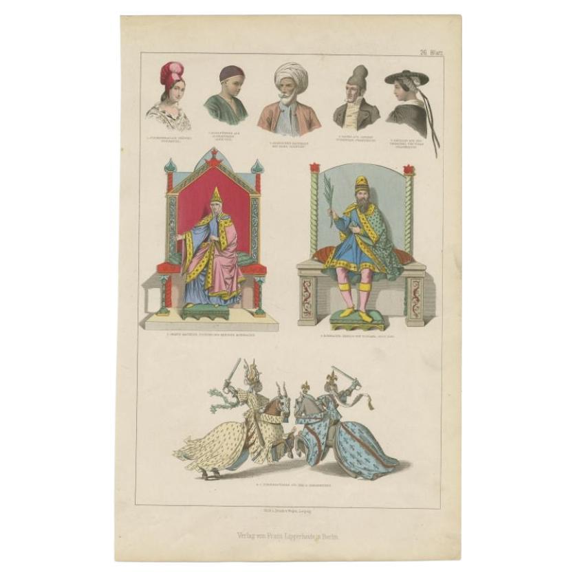 Antique costume print including many different costumes including costumes of Egypt, France and others. This print originates from 'Blätter fürcostumekunde. Historical and folk costumes based on authentic sources. Engraved in steel by various