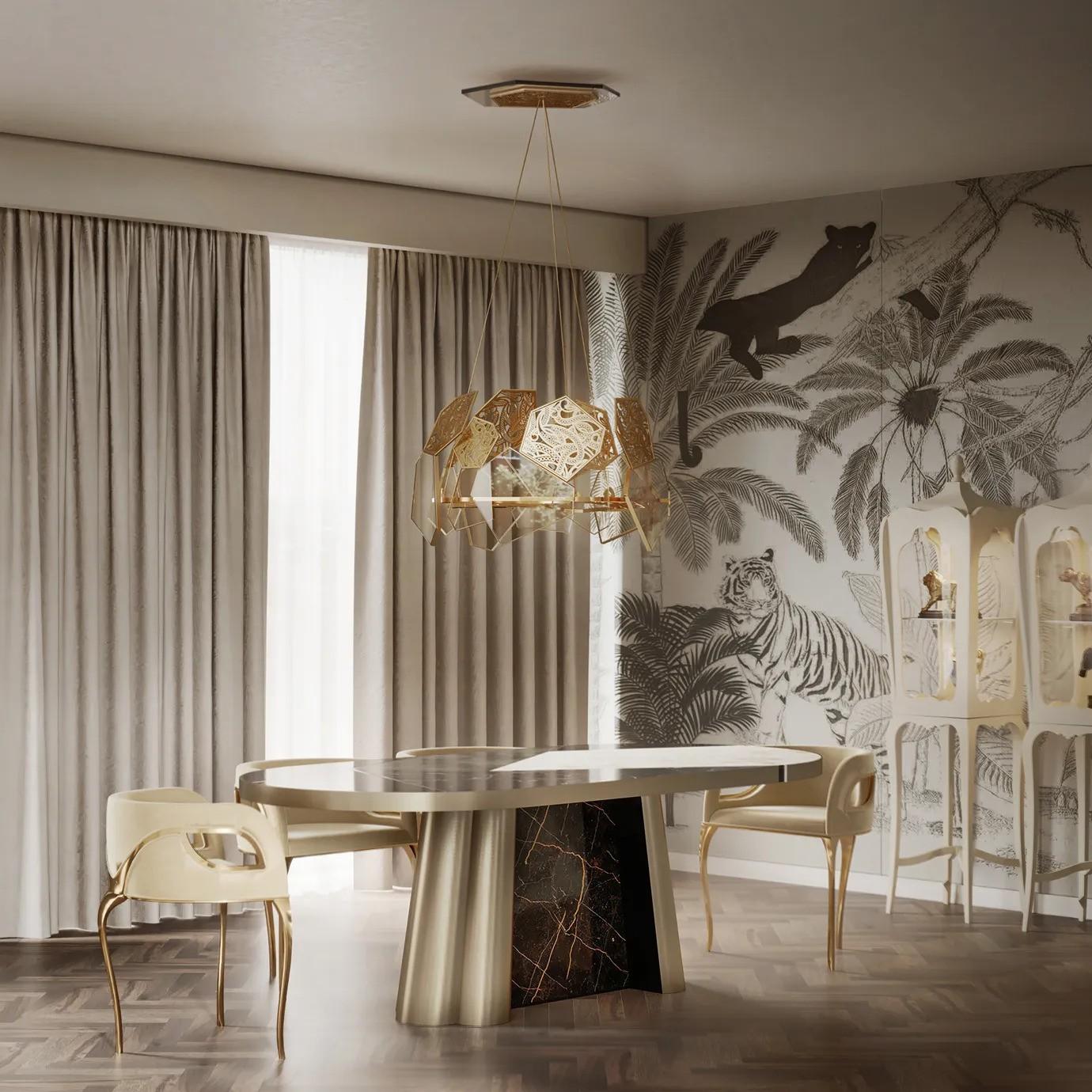 Laiton Decodiva Table de salle à manger en marbre doré et araignée en vente