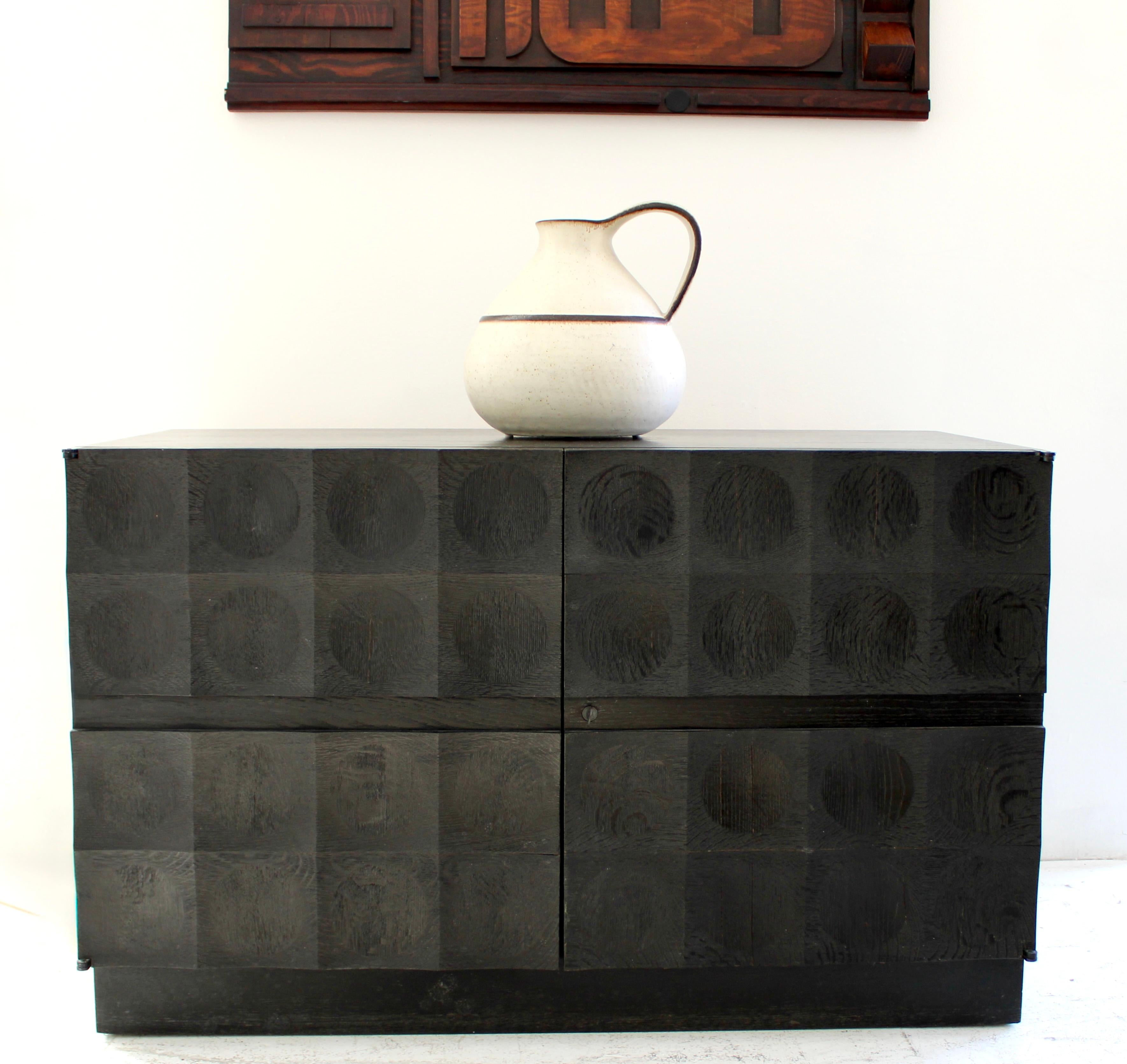 Belgian DeCoene Freres Brustalist Stained Black Oak Credneza Sideboard Belgium c1970 For Sale