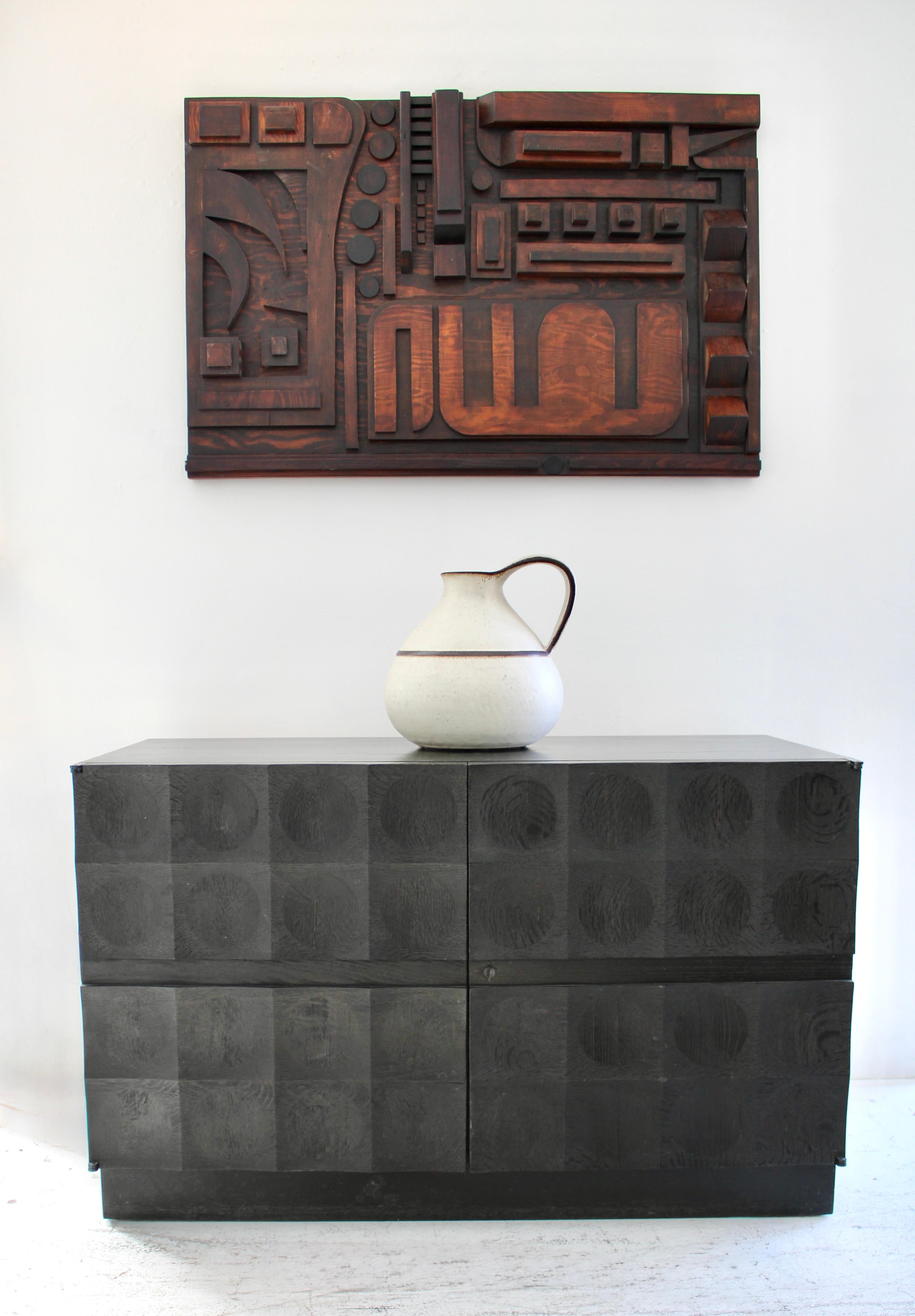 Blackened DeCoene Freres Brustalist Stained Black Oak Credneza Sideboard Belgium c1970 For Sale