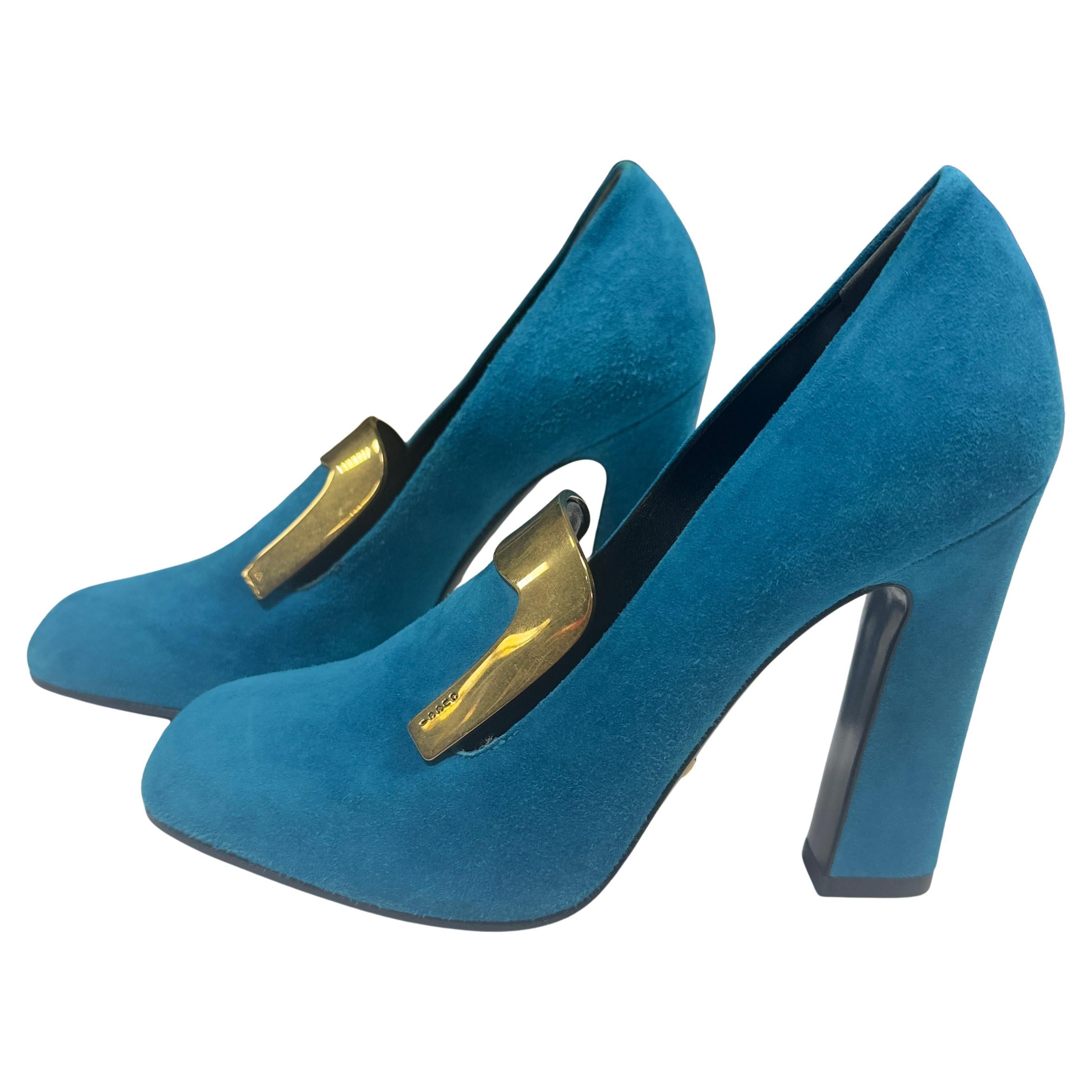 Décolleté Gucci Vintage Wildleder Türkis Schnalle Gold Square Point n36.5 im Angebot