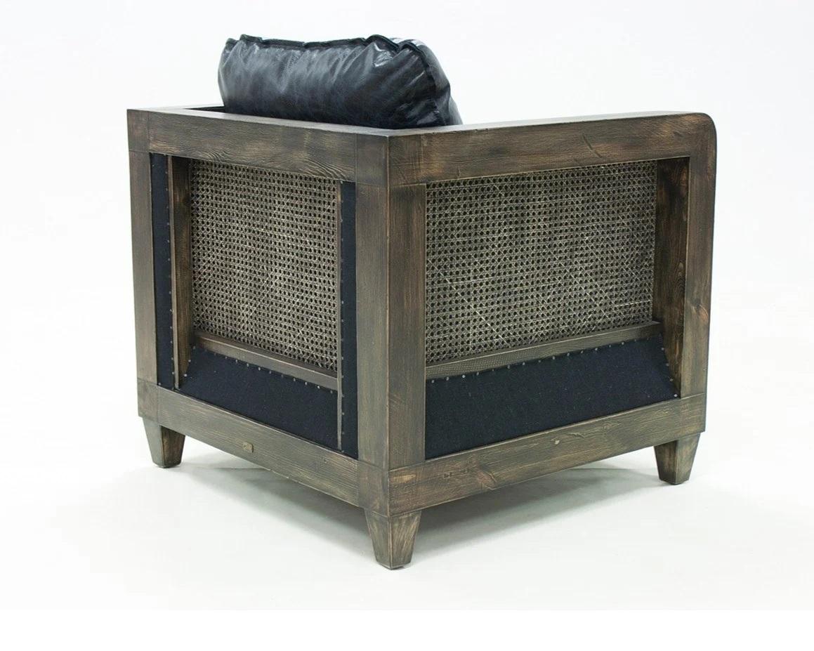 Modern Deconstructed Design Rattan Armchair in Black Leather For Sale