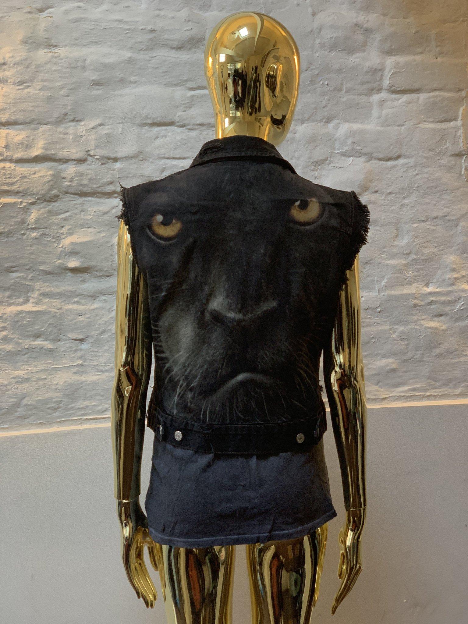Deconstructed Panther Print Sleeveless Denim Jacket In Excellent Condition For Sale In London, GB