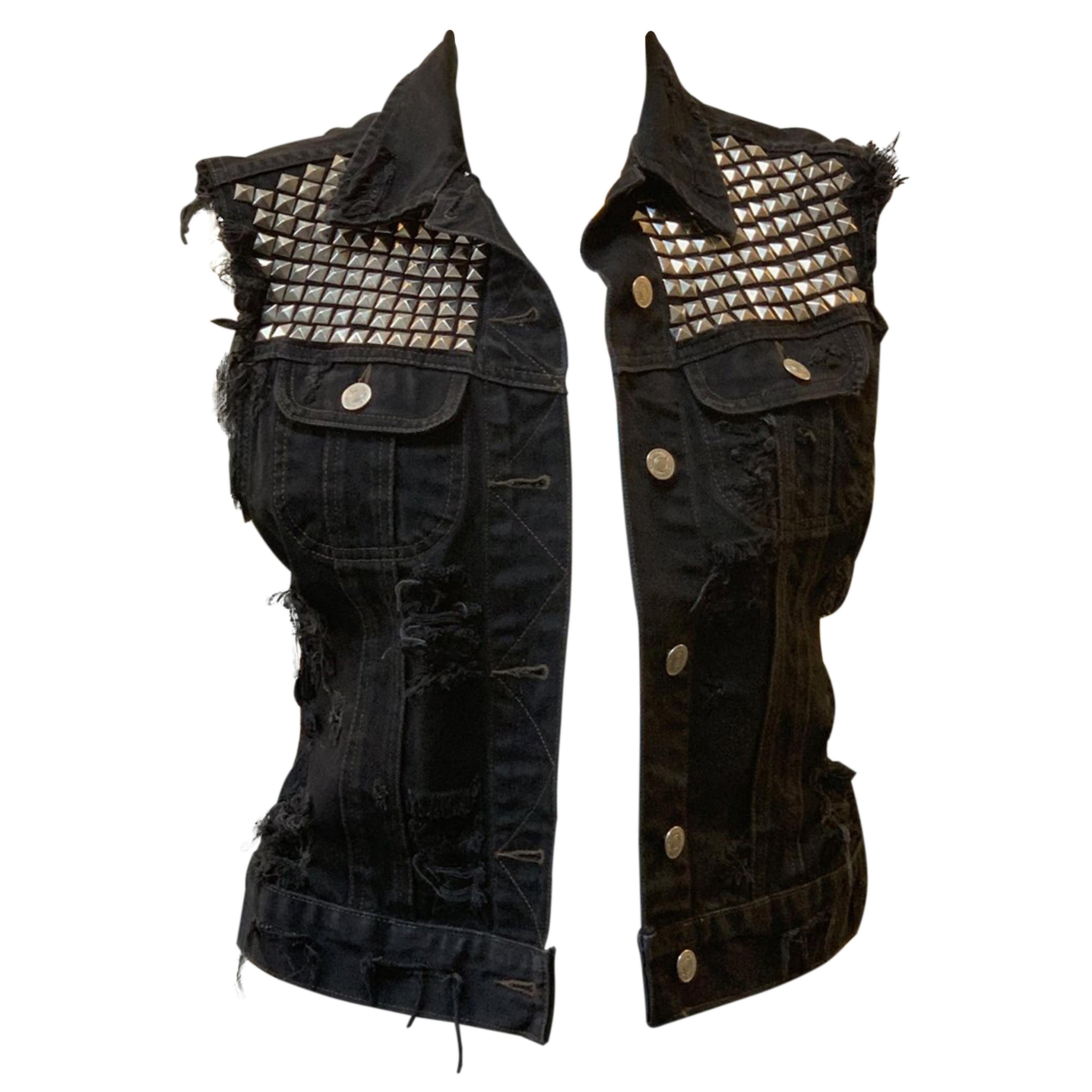 Deconstructed Panther Print Sleeveless Denim Jacket For Sale