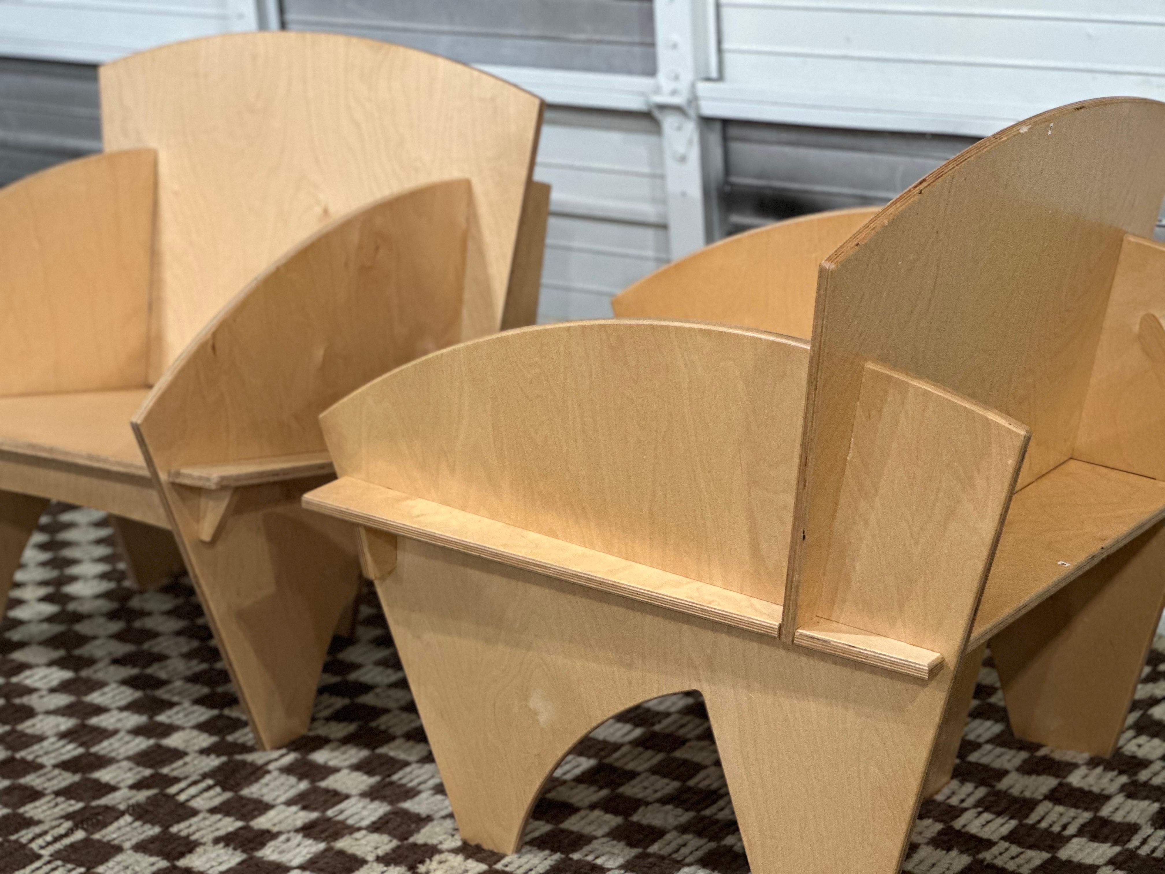 This listing is for ONE puzzle piece plywood chair (two available). Each chair is extremely sturdy with minimal, if any, signs of age-consistent wear. Chairs are held together by  meticulously connecting each puzzle piece in methodic order. Chairs