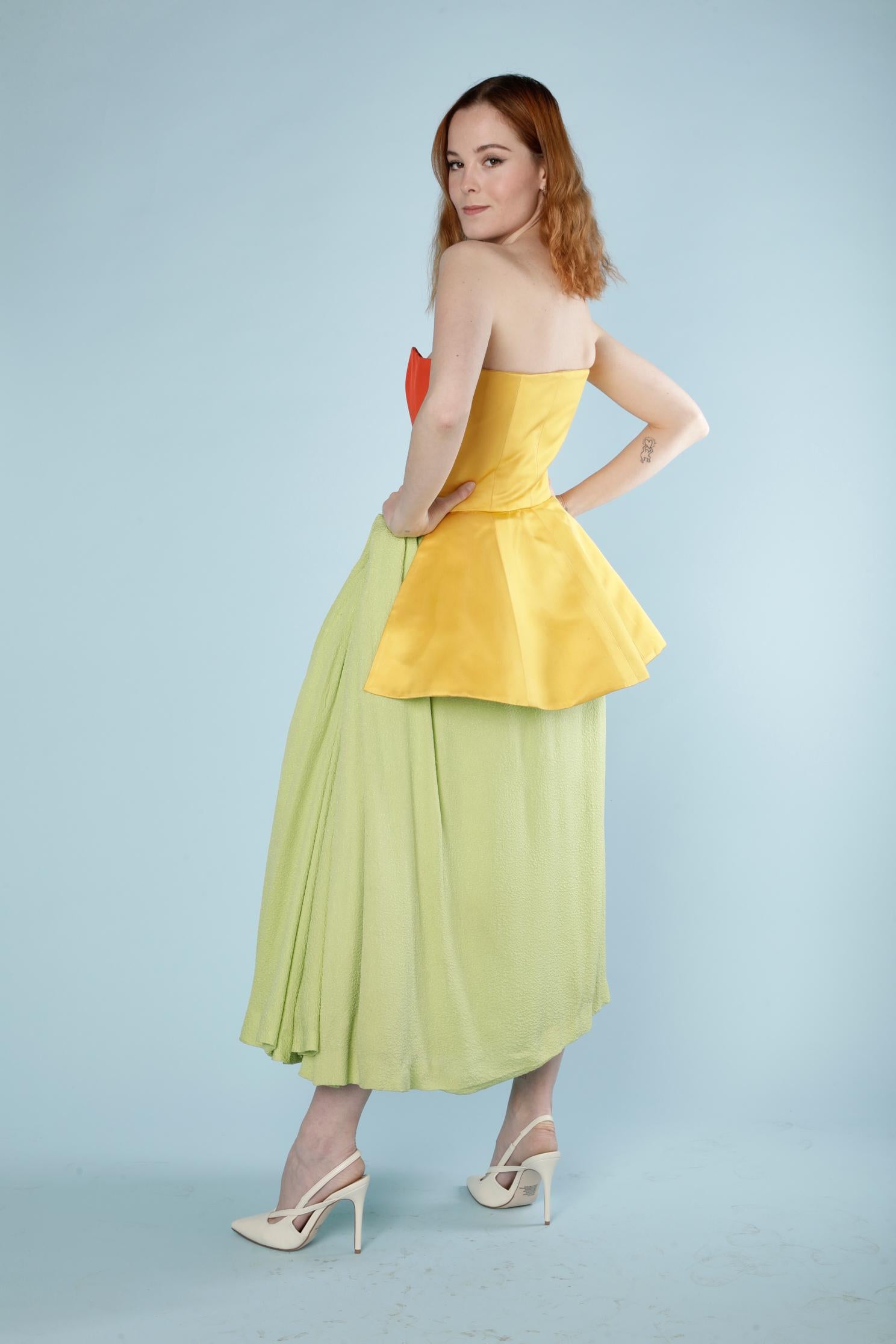 Deconstructivist Bustier evening dress orange, yellow, green and ivory silk . 
Stiff white tulle part under the skirt to keep the asymmetrical shape (green part)
SIZE S
