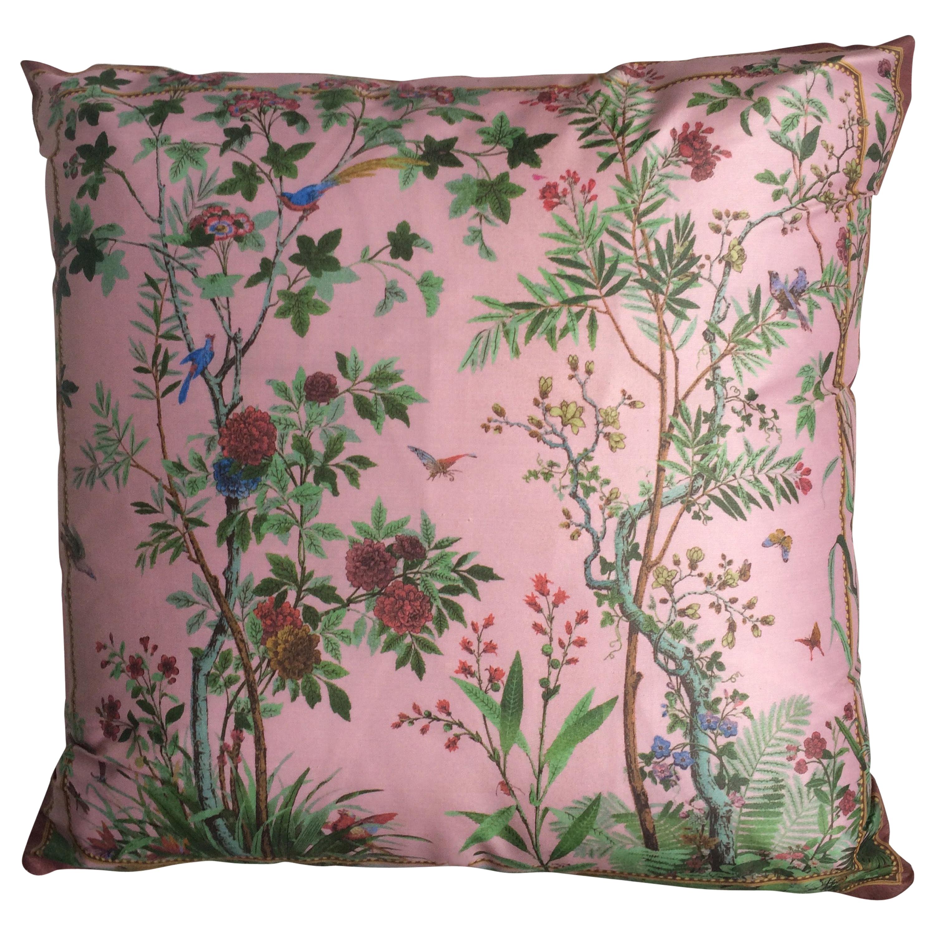 "Decor Chinois" Silk Throw Pillow in Pink by Zuber For Sale