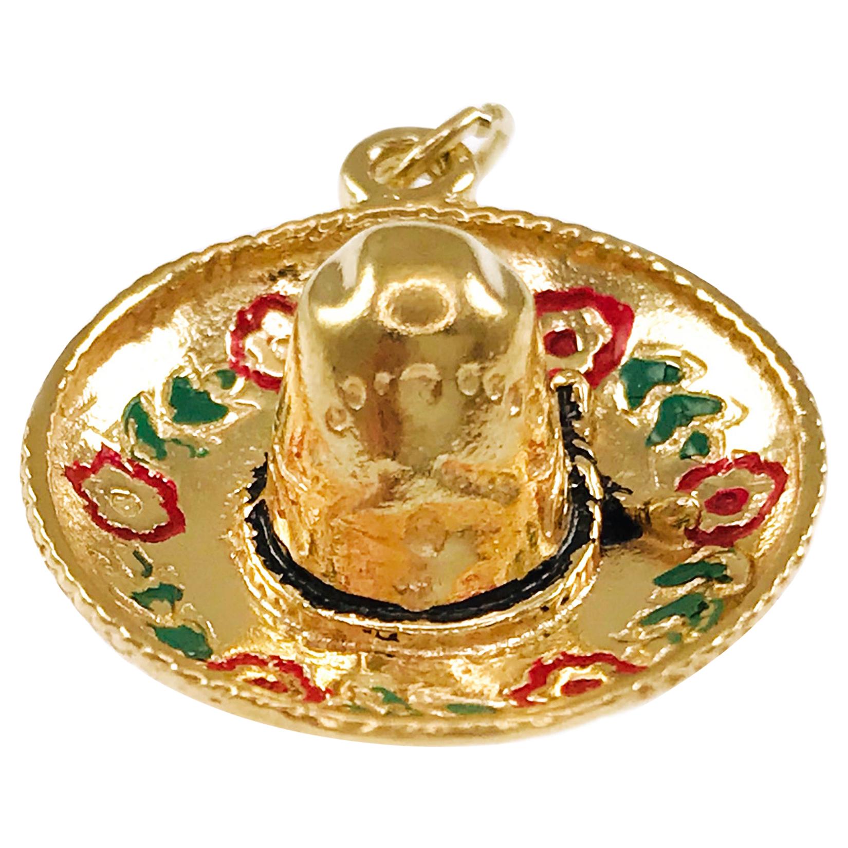 Pendentif Sombrero en or jaune 14K émaillé et décoré