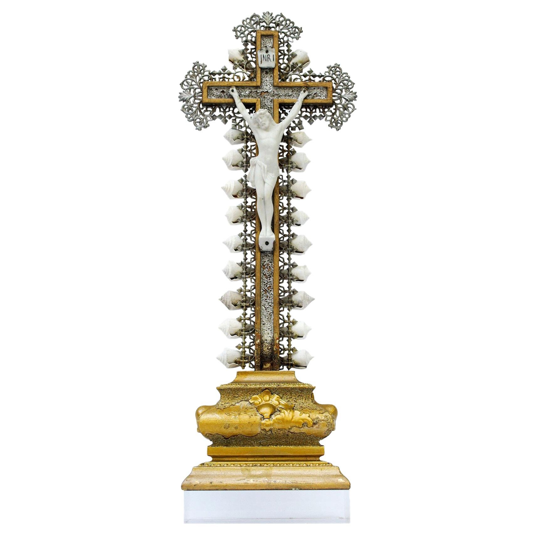 Decorated 19th Century French Crucifix and Bisque Corpus Christi